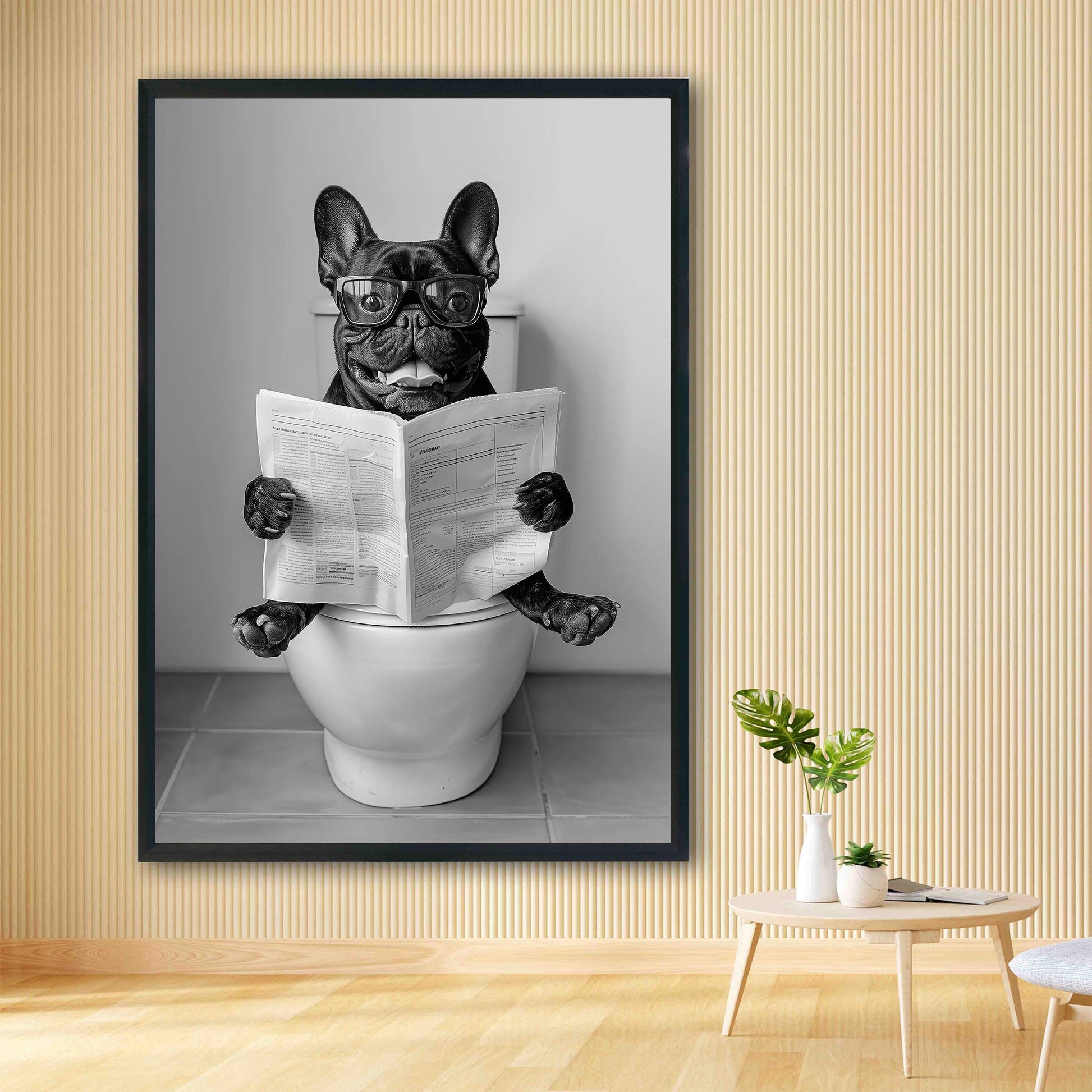 French Bulldog Bathroom Wall Art Funny Black Frenchie on Toilet Print, Black and White Dog Reading Newsp