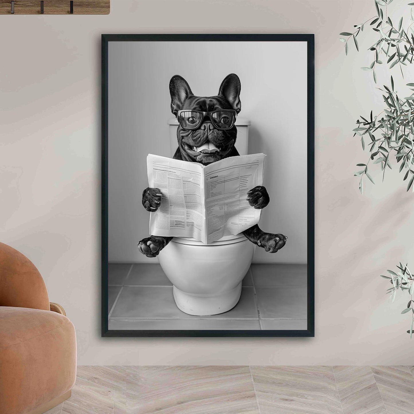 French Bulldog Bathroom Wall Art Funny Black Frenchie on Toilet Print, Black and White Dog Reading Newsp