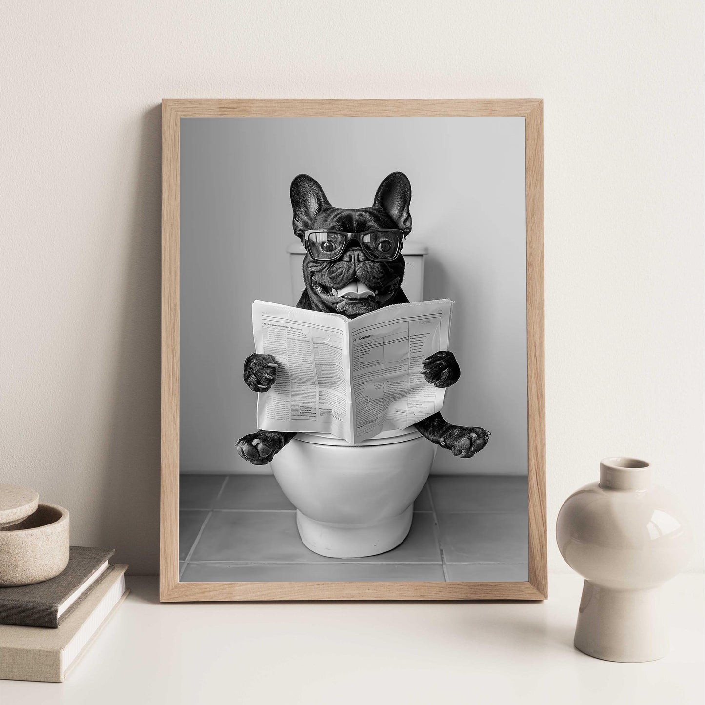 French Bulldog Bathroom Wall Art Funny Black Frenchie on Toilet Print, Black and White Dog Reading Newsp