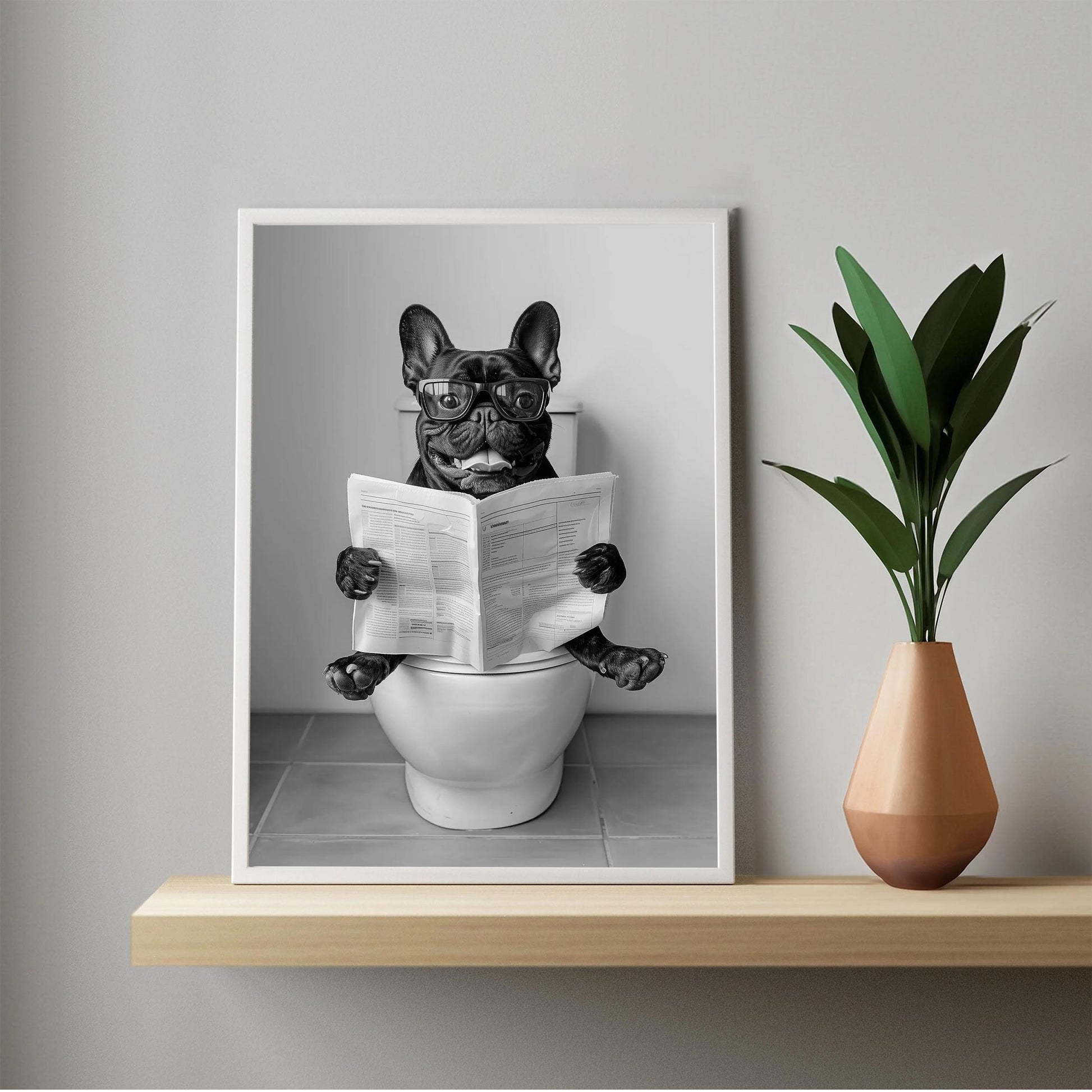 French Bulldog Bathroom Wall Art Funny Black Frenchie on Toilet Print, Black and White Dog Reading Newsp