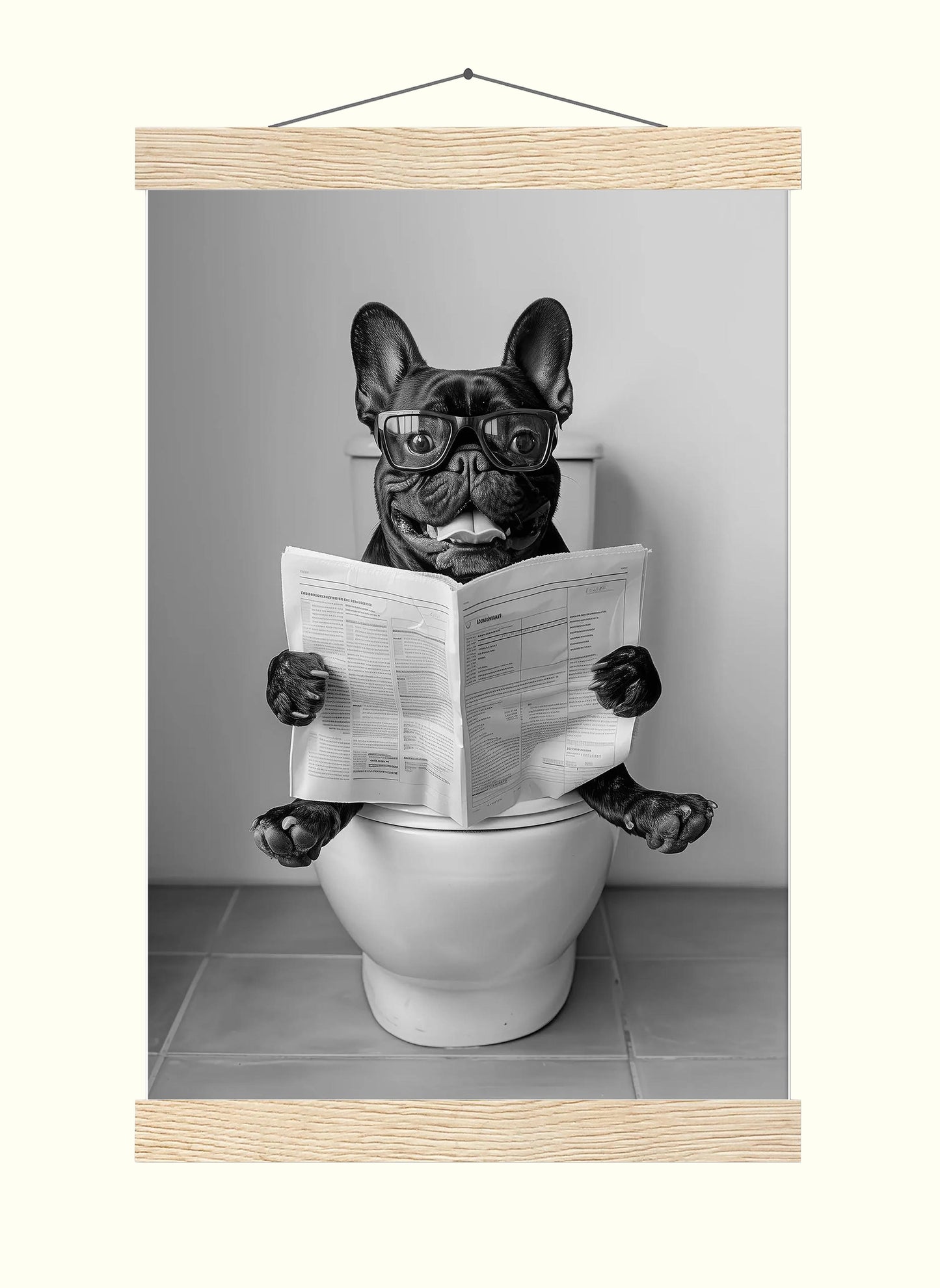 French Bulldog Bathroom Wall Art Funny Black Frenchie on Toilet Print, Black and White Dog Reading Newsp
