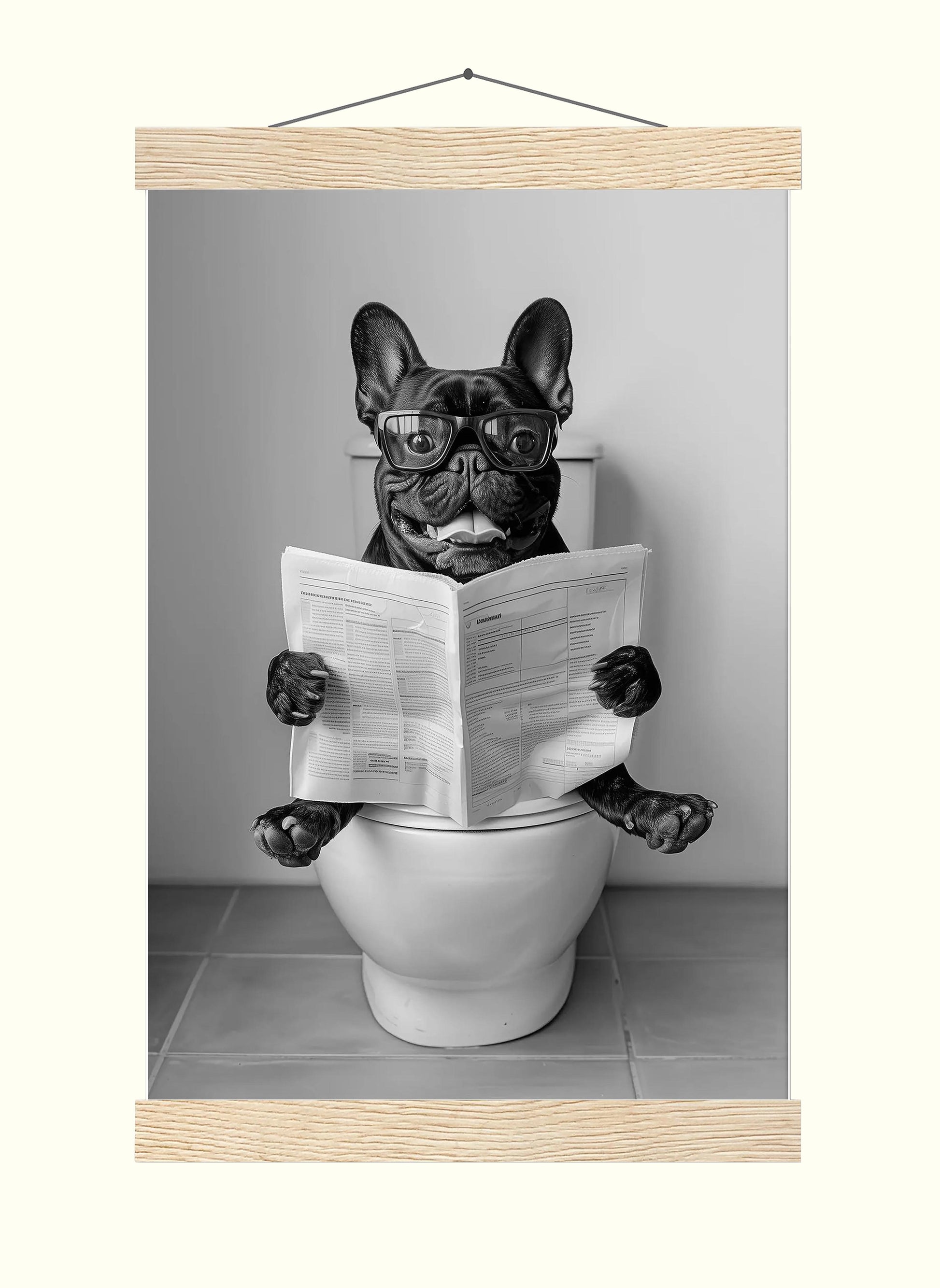 French Bulldog Bathroom Wall Art Funny Black Frenchie on Toilet Print, Black and White Dog Reading Newsp