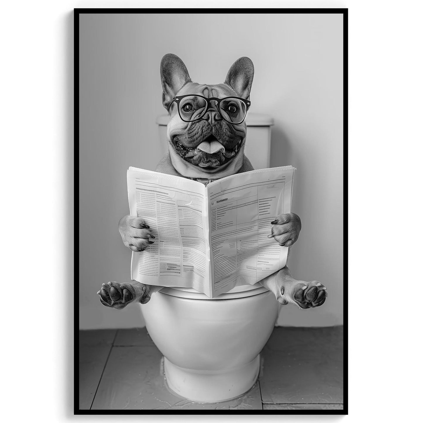 French Bulldog On Toilet Wall Art Frenchie Reading Newspaper, Black and White Print, Funny Dog Poster