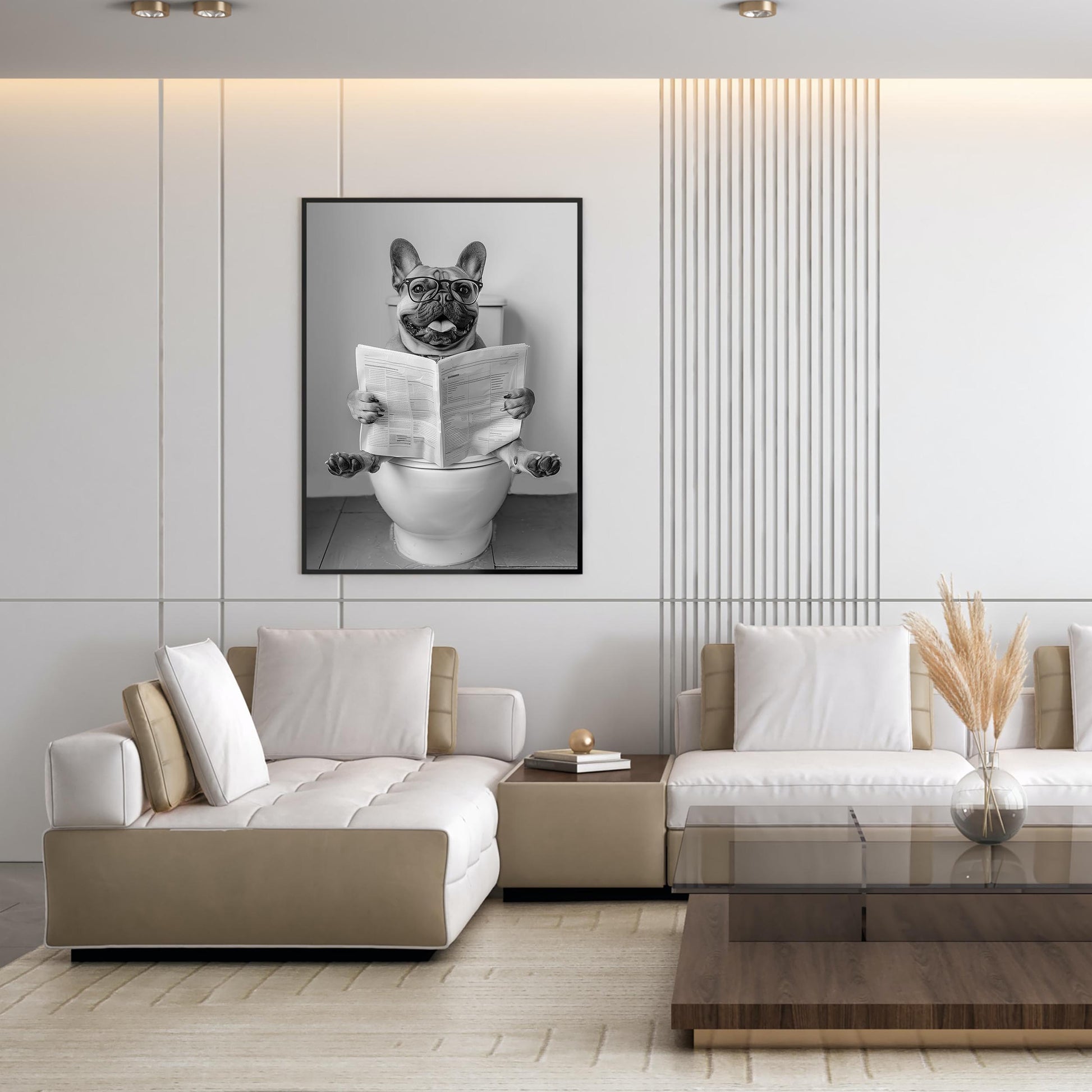 French Bulldog On Toilet Wall Art Frenchie Reading Newspaper, Black and White Print, Funny Dog Poster