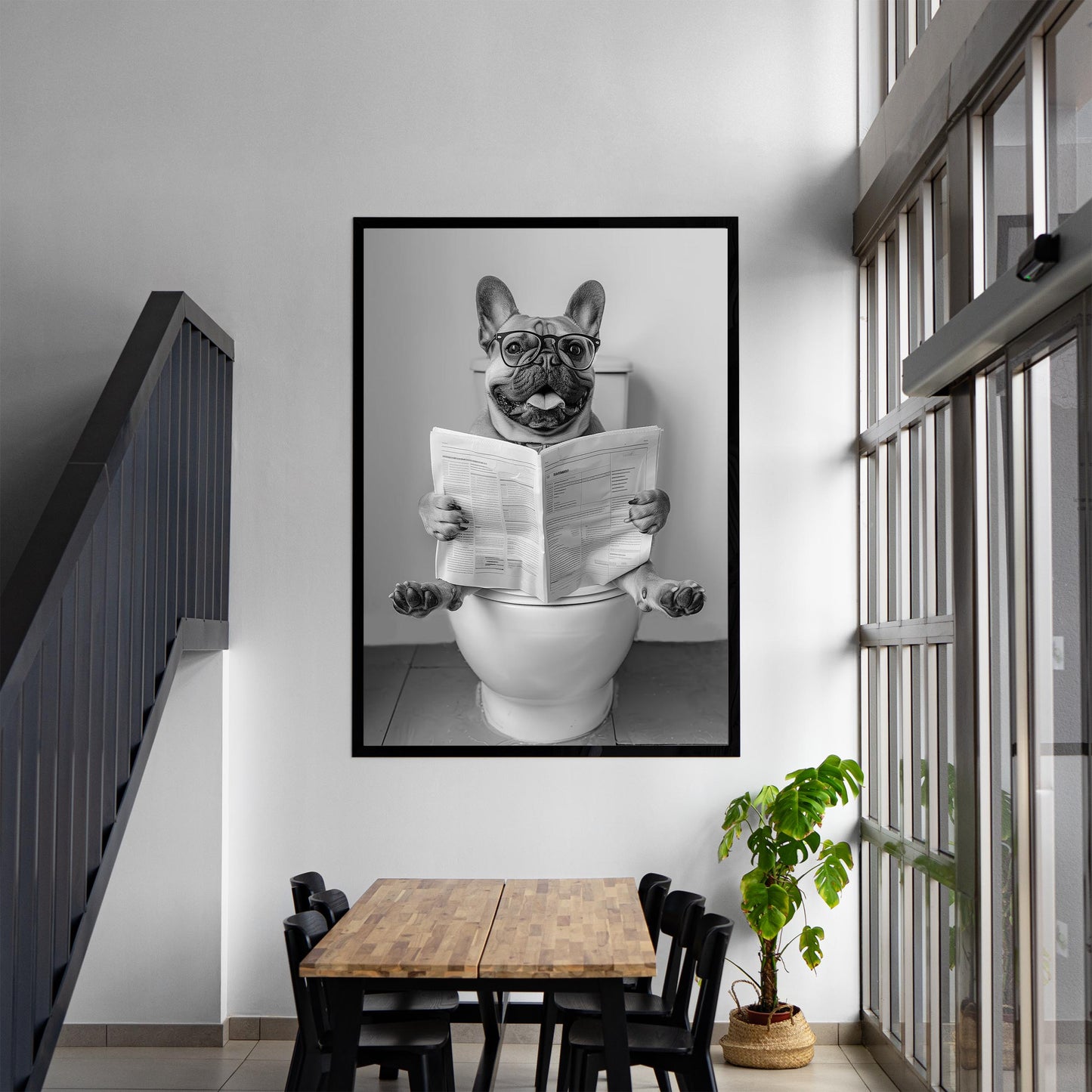 French Bulldog On Toilet Wall Art Frenchie Reading Newspaper, Black and White Print, Funny Dog Poster