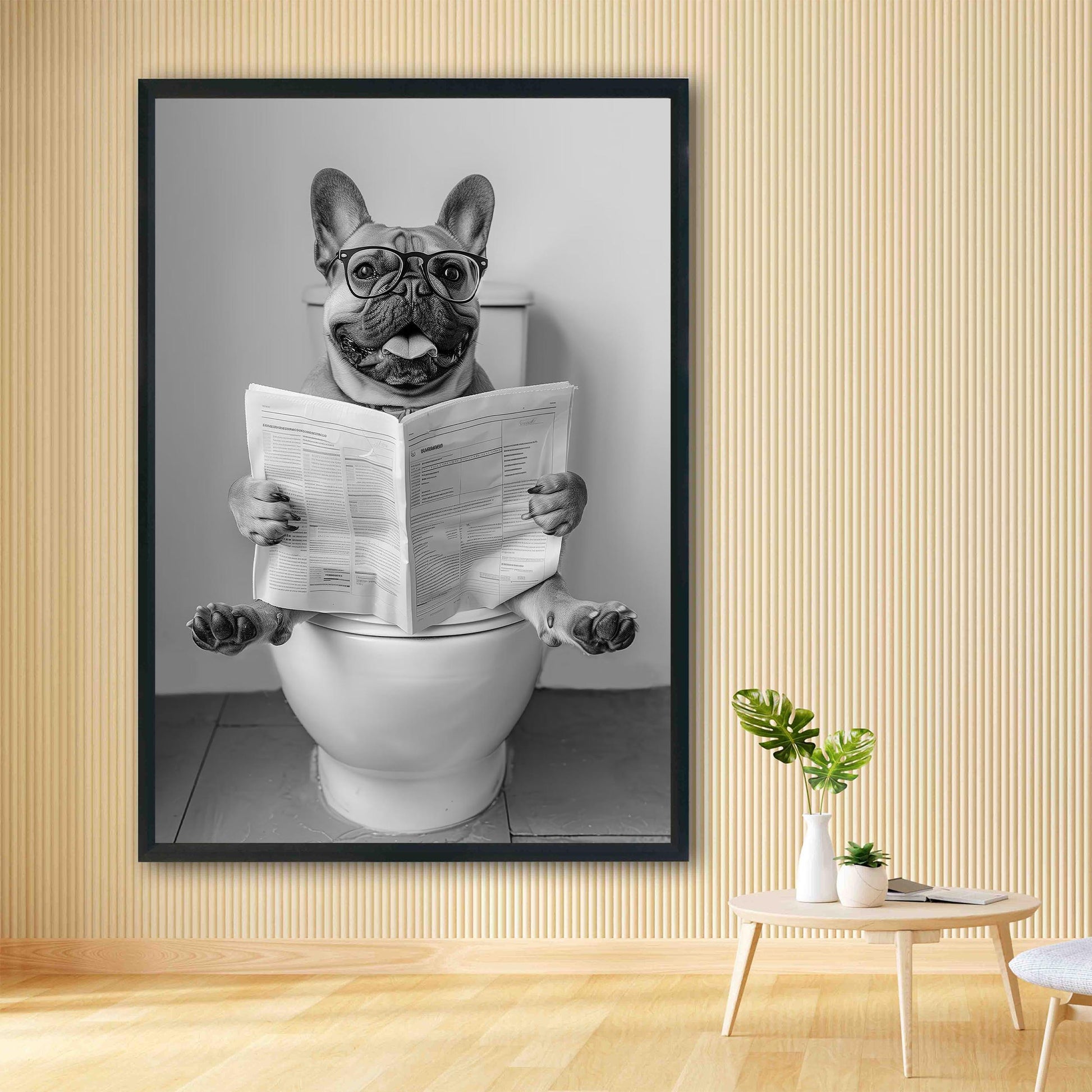 French Bulldog On Toilet Wall Art Frenchie Reading Newspaper, Black and White Print, Funny Dog Poster