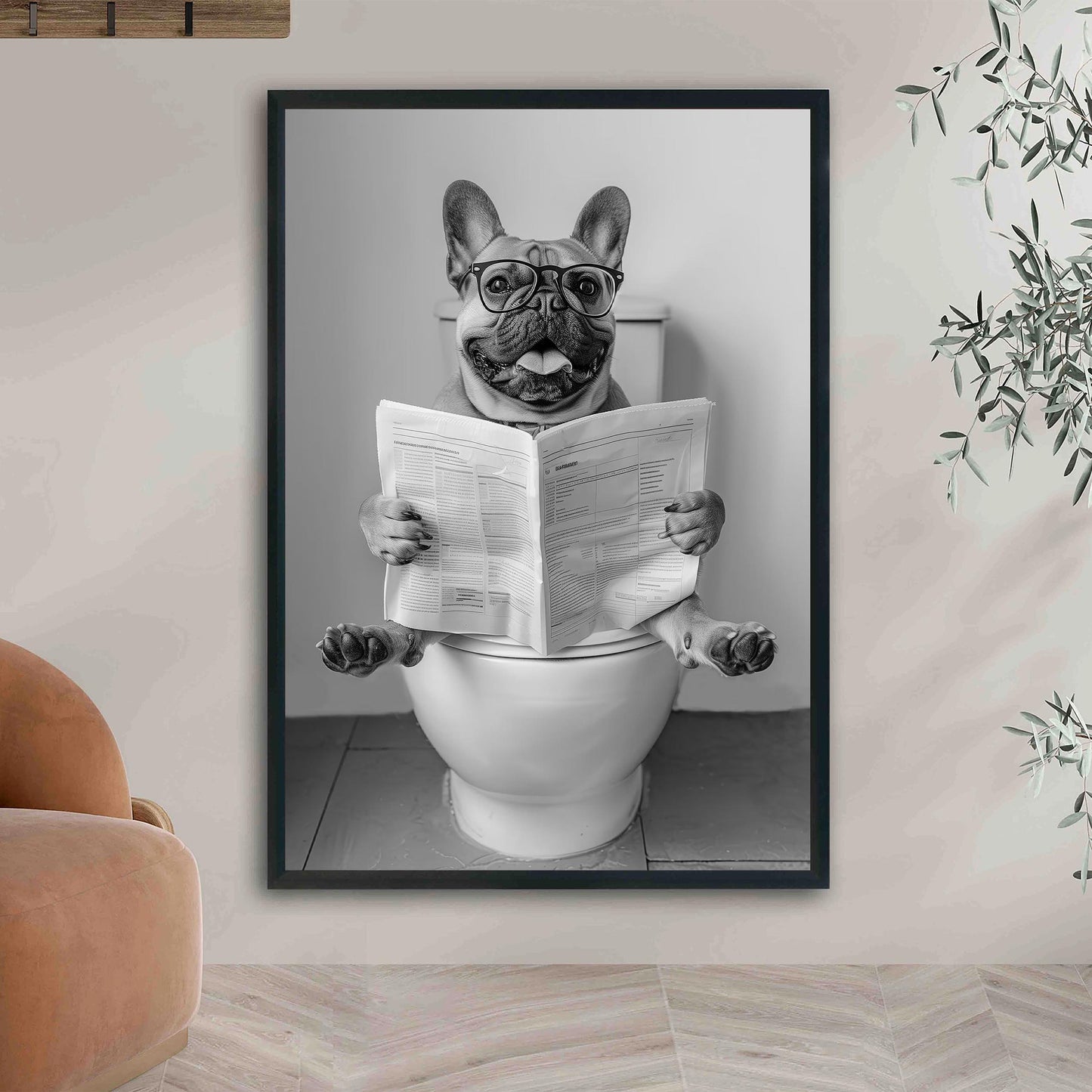 French Bulldog On Toilet Wall Art Frenchie Reading Newspaper, Black and White Print, Funny Dog Poster