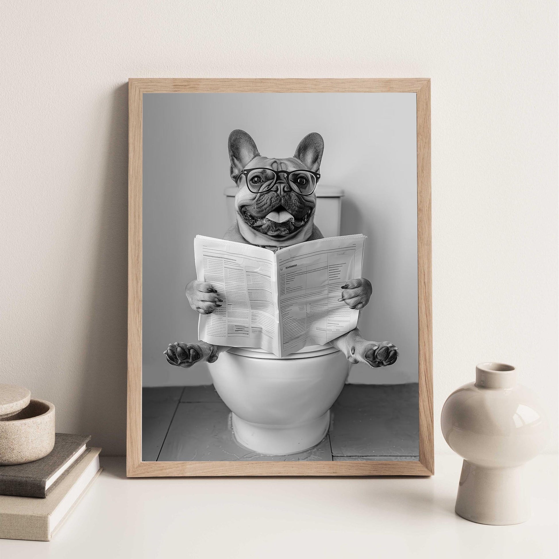 French Bulldog On Toilet Wall Art Frenchie Reading Newspaper, Black and White Print, Funny Dog Poster
