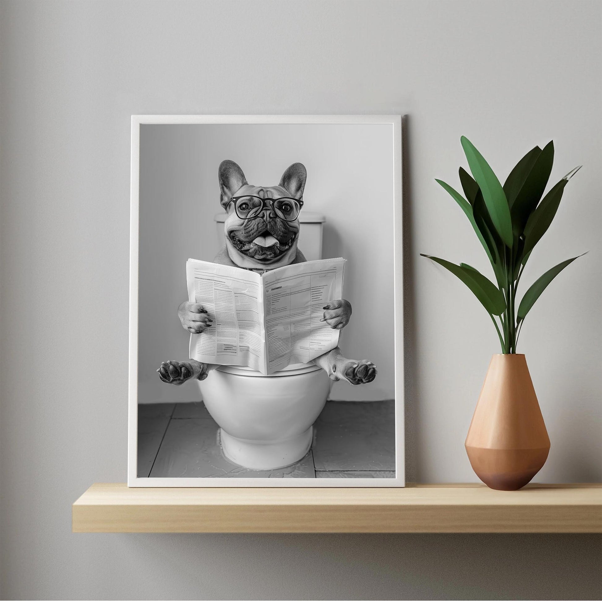 French Bulldog On Toilet Wall Art Frenchie Reading Newspaper, Black and White Print, Funny Dog Poster