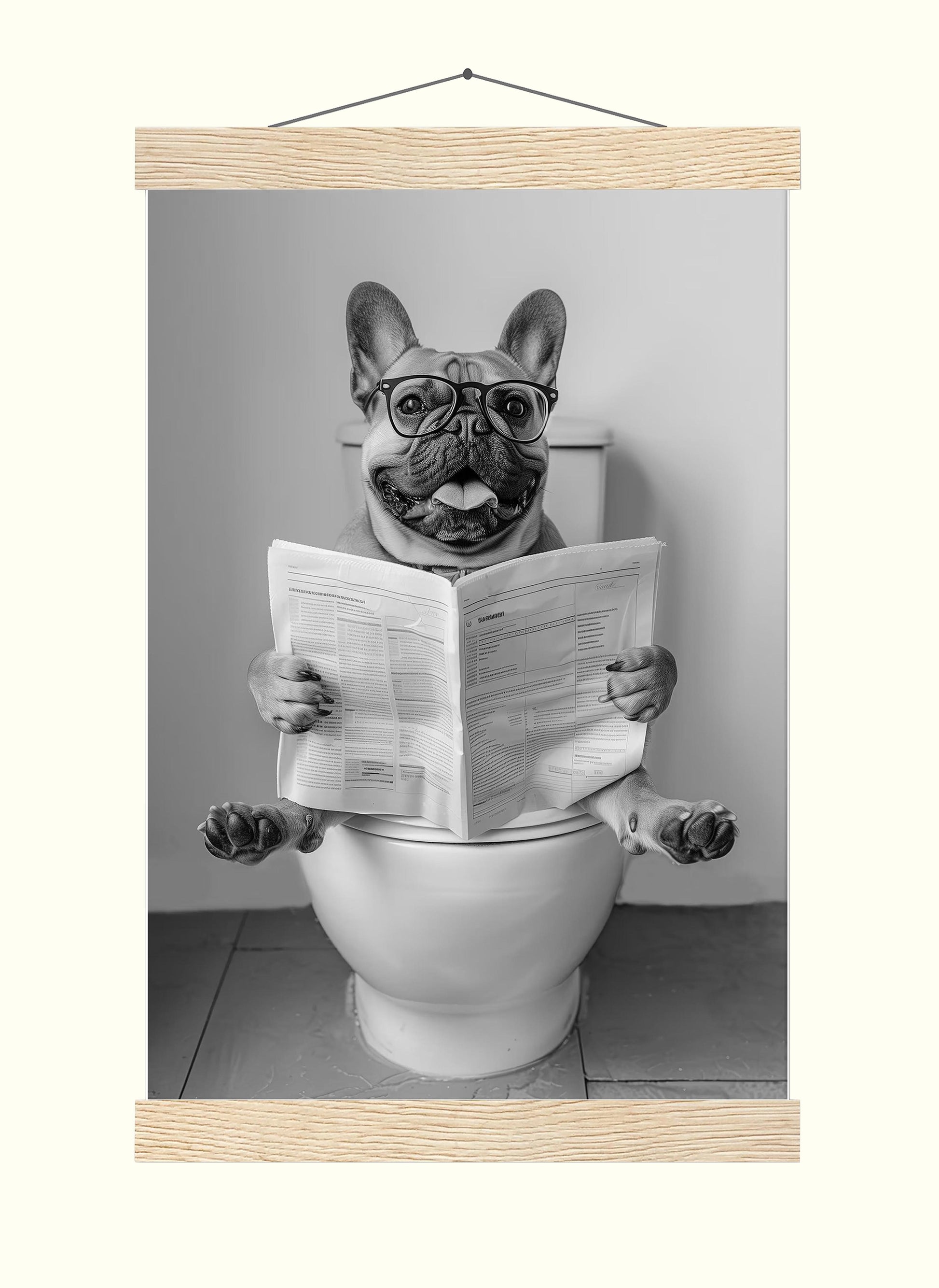 French Bulldog On Toilet Wall Art Frenchie Reading Newspaper, Black and White Print, Funny Dog Poster