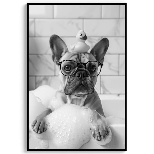 Frenchie Bath Wall Art French Bulldog Tub Poster, Funny Dog Poster, Bathroom Wall Decor - Black and White Print