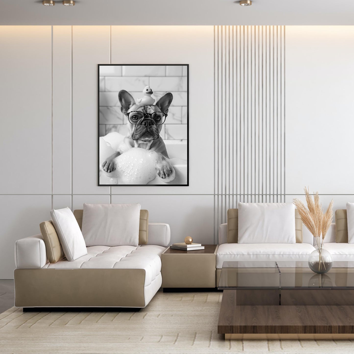 Frenchie Bath Wall Art French Bulldog Tub Poster, Funny Dog Poster, Bathroom Wall Decor - Black and White Print