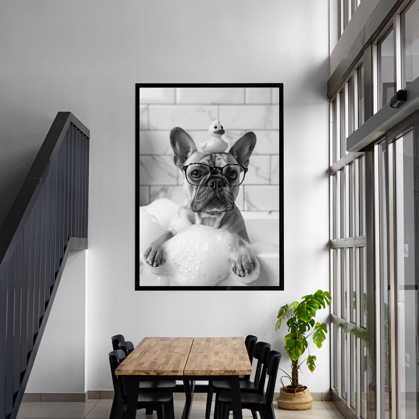 Frenchie Bath Wall Art French Bulldog Tub Poster, Funny Dog Poster, Bathroom Wall Decor - Black and White Print