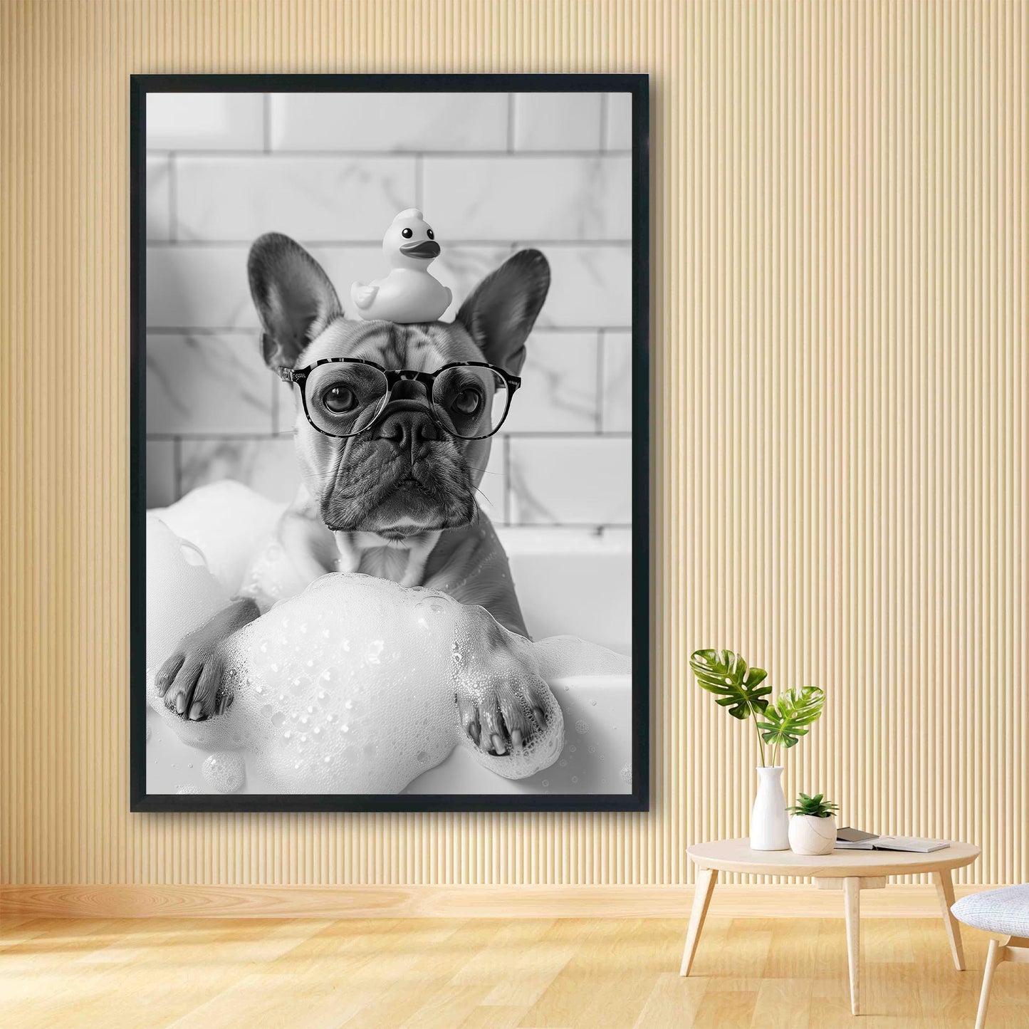 Frenchie Bath Wall Art French Bulldog Tub Poster, Funny Dog Poster, Bathroom Wall Decor - Black and White Print
