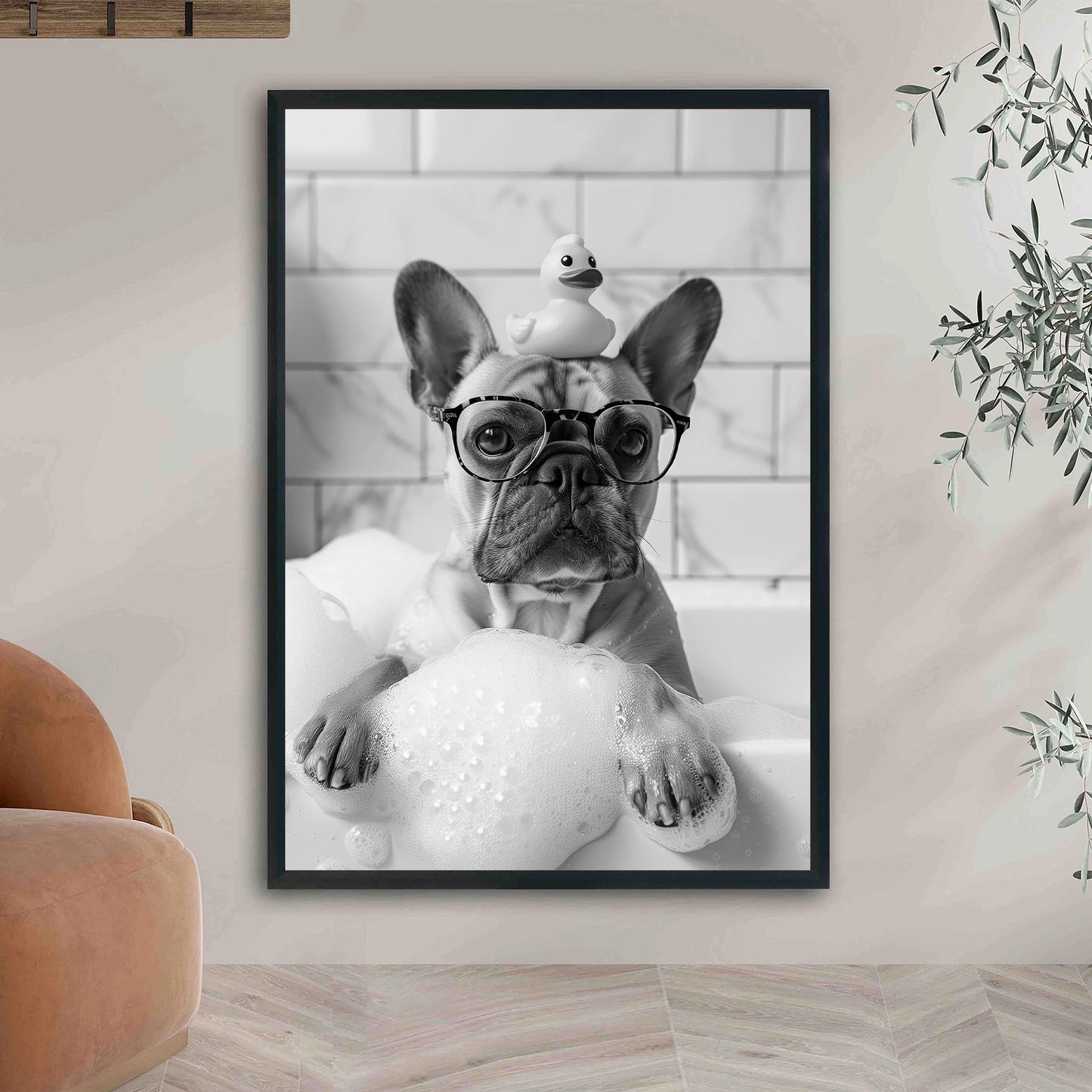 Frenchie Bath Wall Art French Bulldog Tub Poster, Funny Dog Poster, Bathroom Wall Decor - Black and White Print