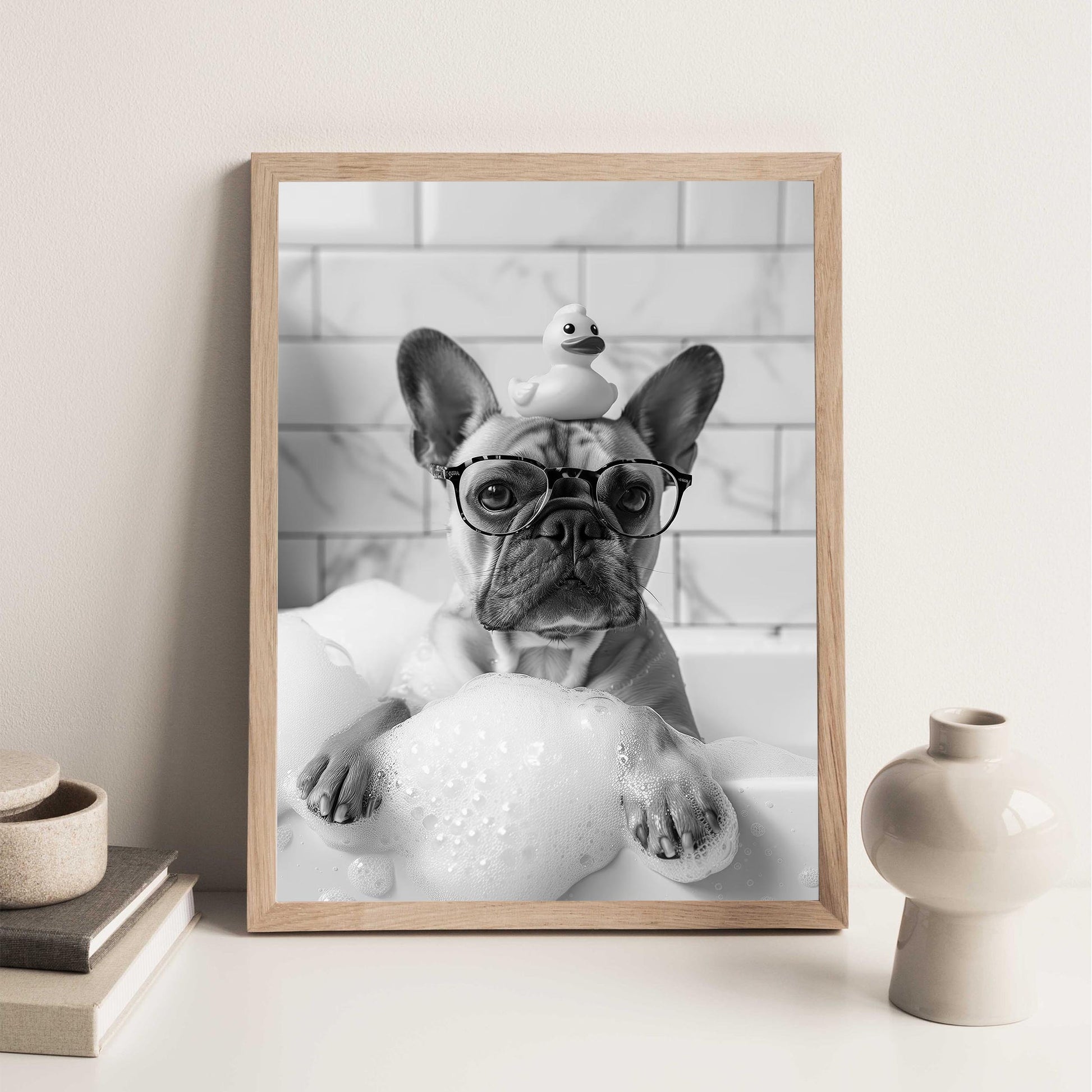 Frenchie Bath Wall Art French Bulldog Tub Poster, Funny Dog Poster, Bathroom Wall Decor - Black and White Print