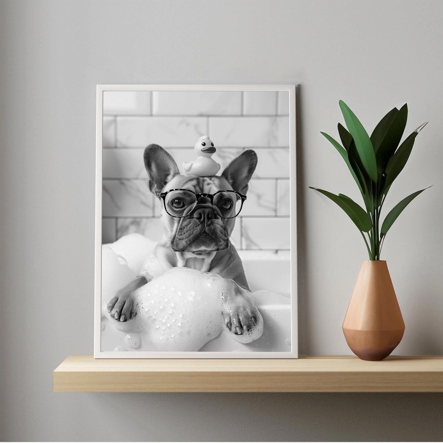 Frenchie Bath Wall Art French Bulldog Tub Poster, Funny Dog Poster, Bathroom Wall Decor - Black and White Print
