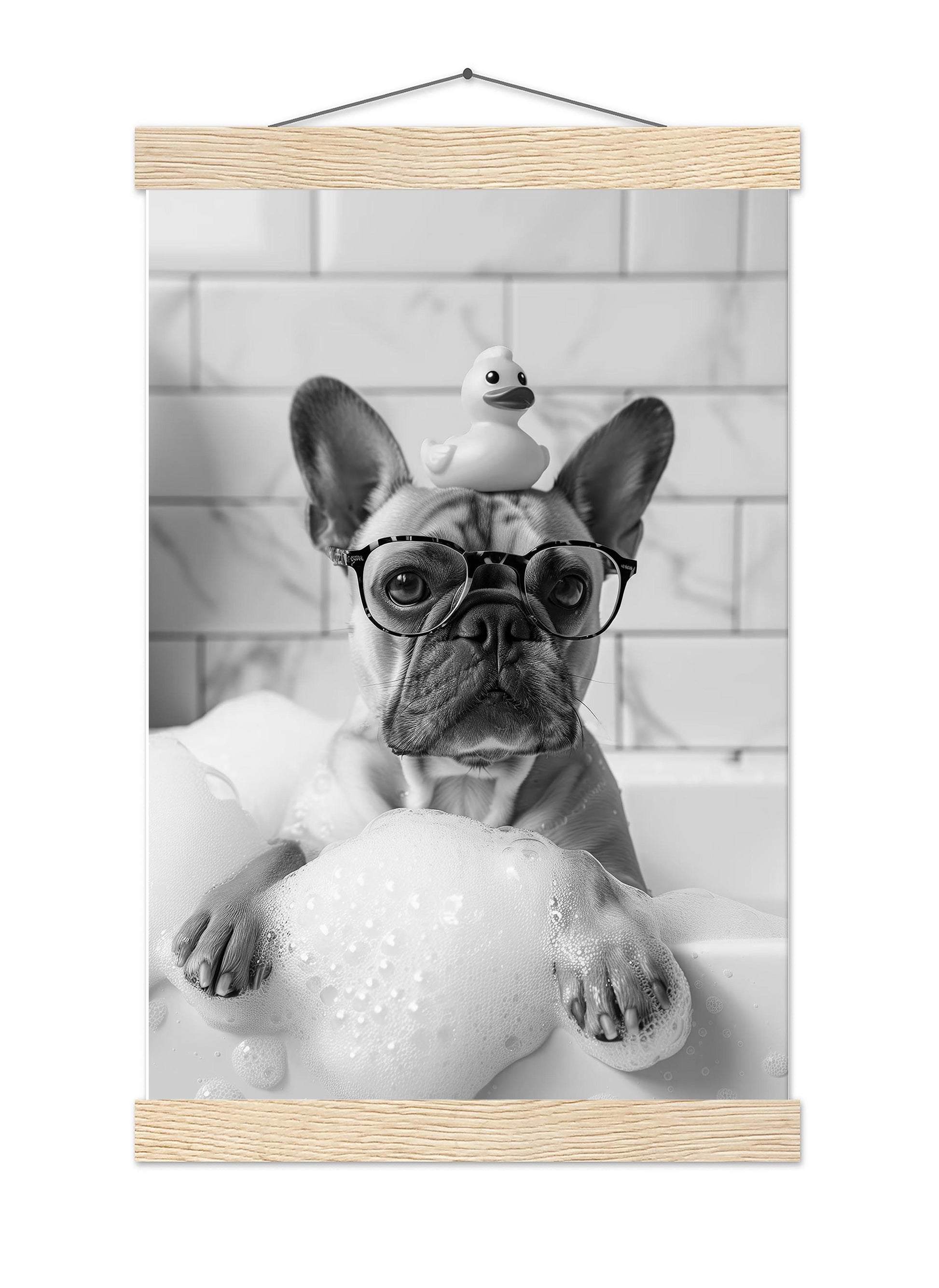 Frenchie Bath Wall Art French Bulldog Tub Poster, Funny Dog Poster, Bathroom Wall Decor - Black and White Print