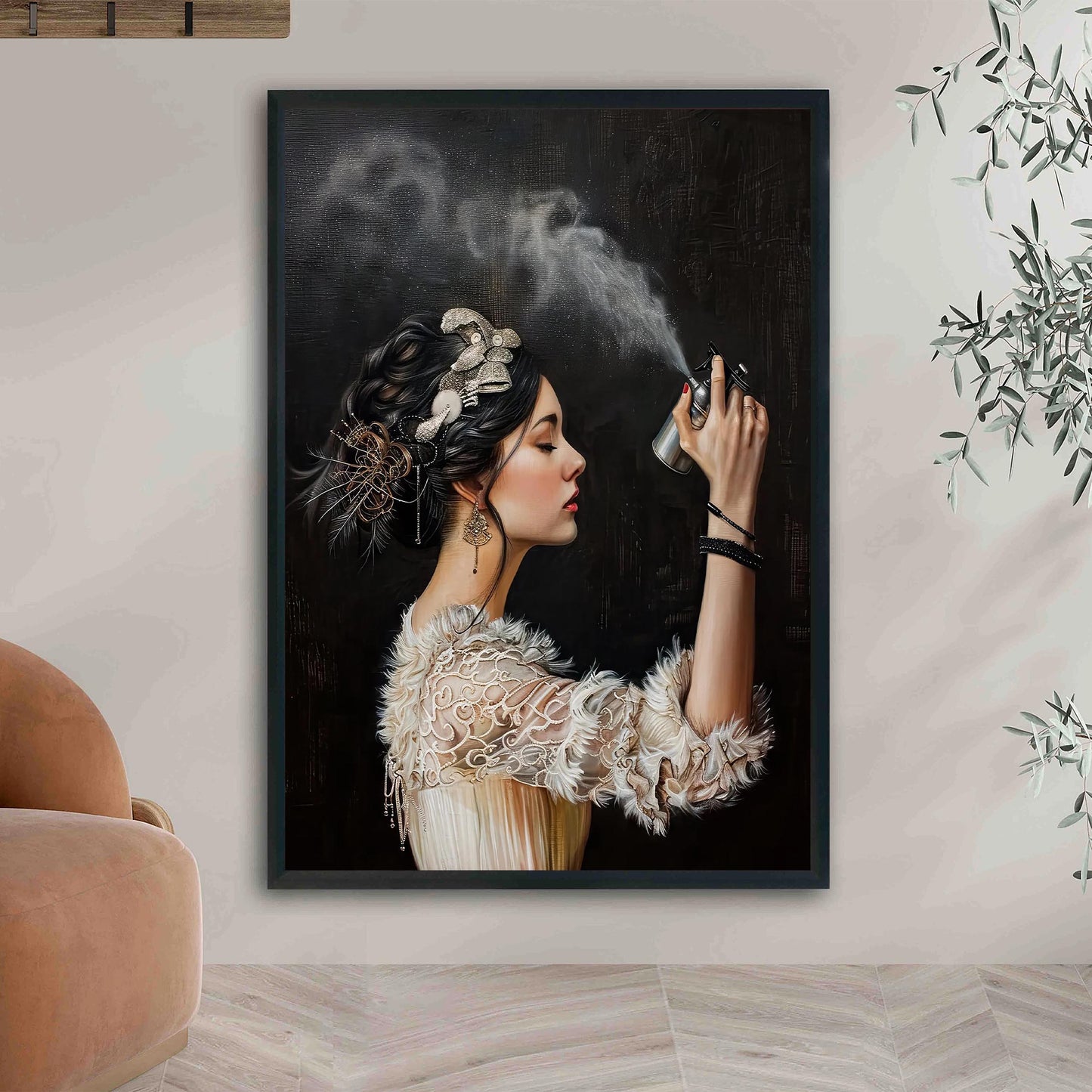 Funny Bathroom Art Print, Vintage Woman with Hairspray