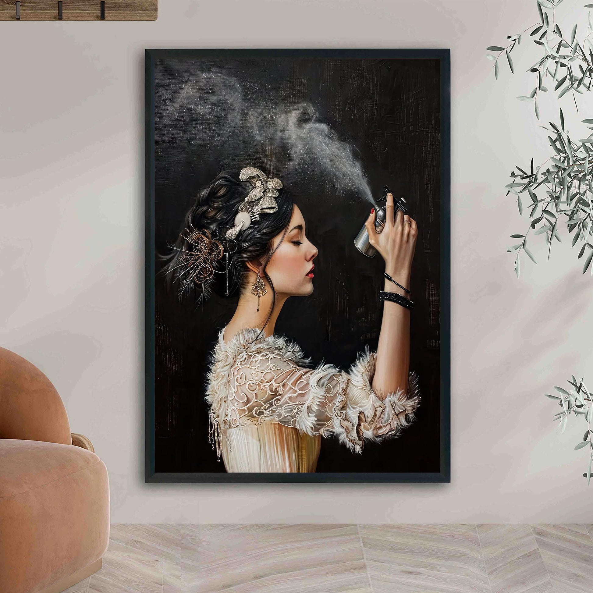 Funny Bathroom Art Print, Vintage Woman with Hairspray