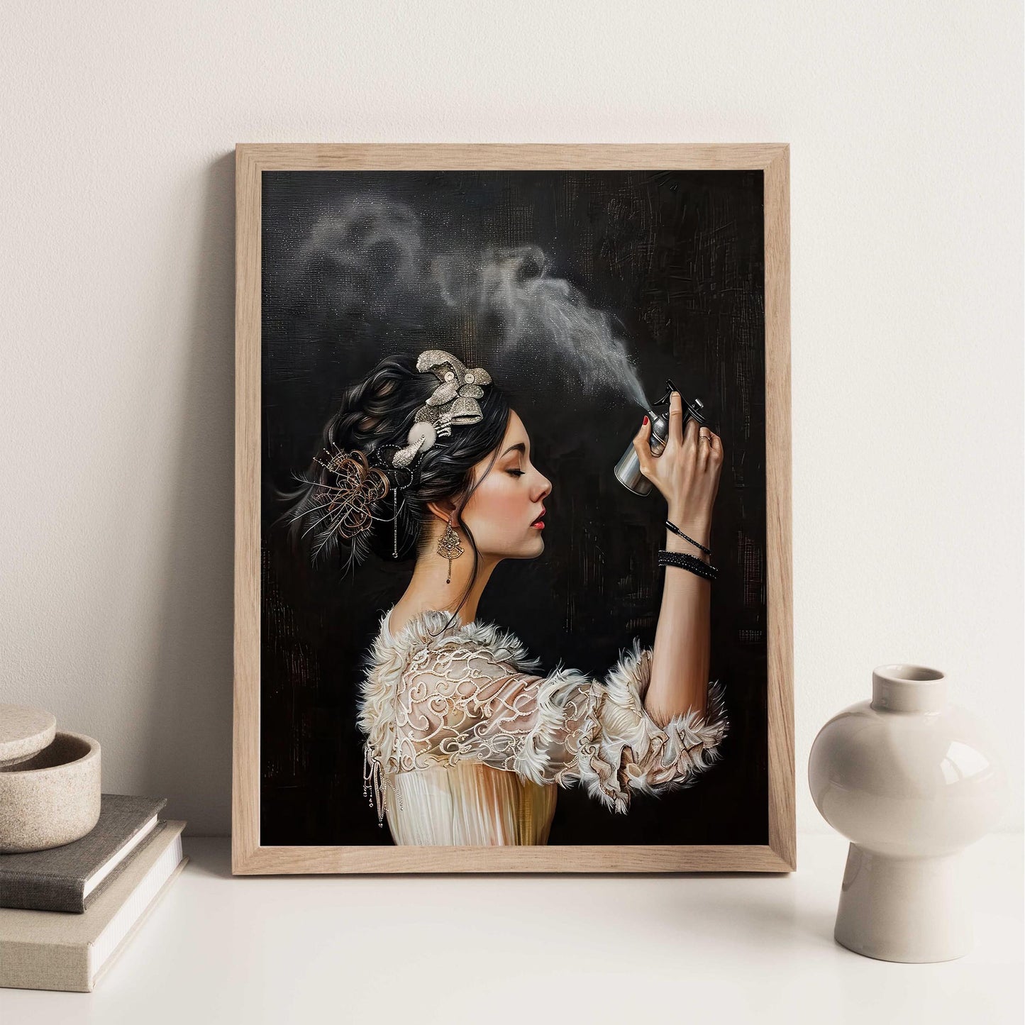 Funny Bathroom Art Print, Vintage Woman with Hairspray