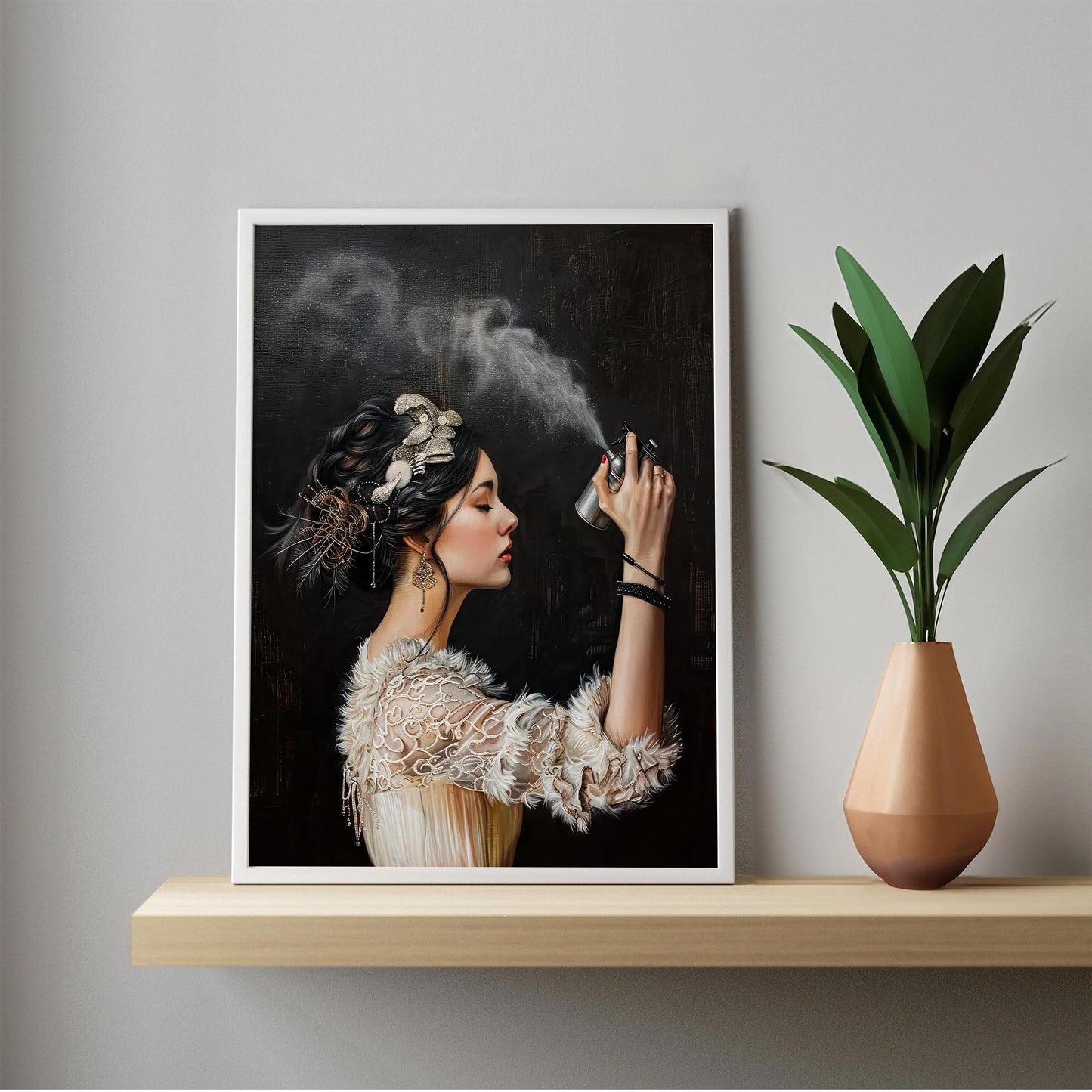 Funny Bathroom Art Print, Vintage Woman with Hairspray