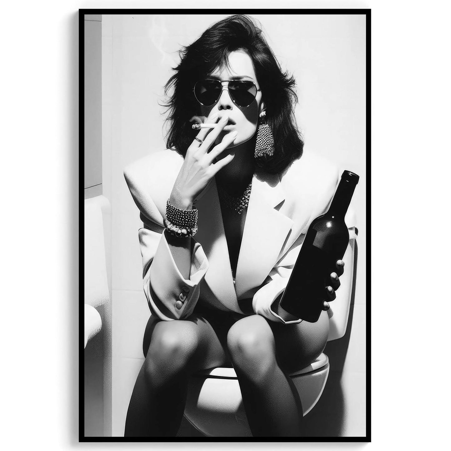 Funny Bathroom Print Vintage Woman Smoking, Drinking Beer, Retro Fashion Toilet Poster - Black and White Wall Art