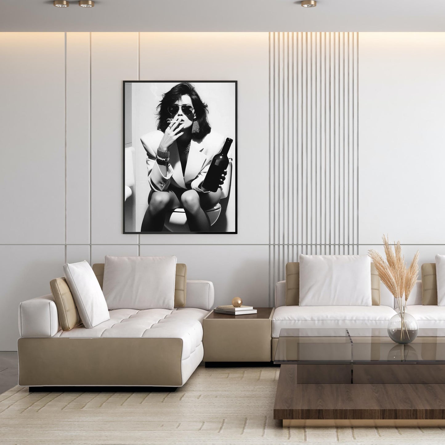 Funny Bathroom Print Vintage Woman Smoking, Drinking Beer, Retro Fashion Toilet Poster - Black and White Wall Art