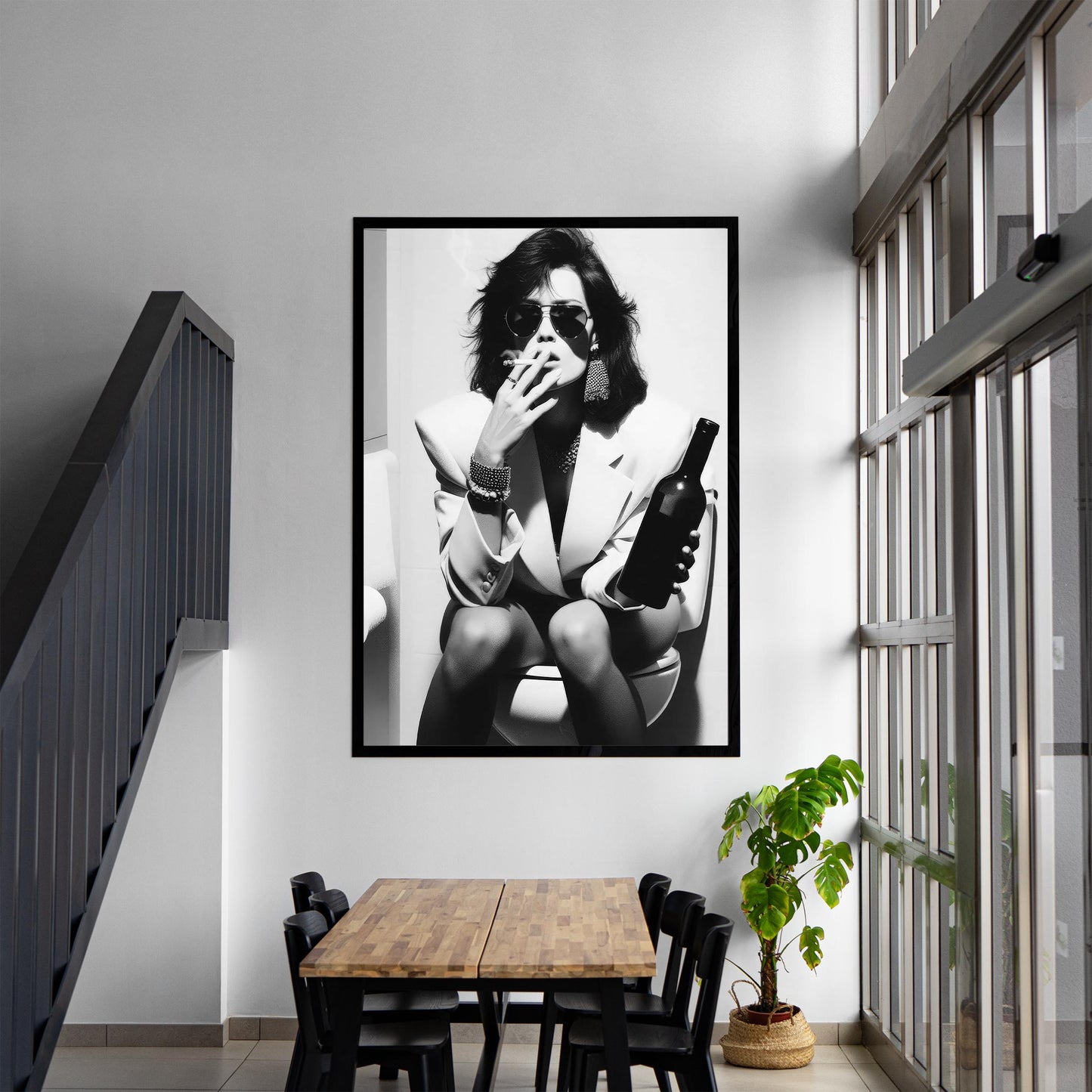 Funny Bathroom Print Vintage Woman Smoking, Drinking Beer, Retro Fashion Toilet Poster - Black and White Wall Art