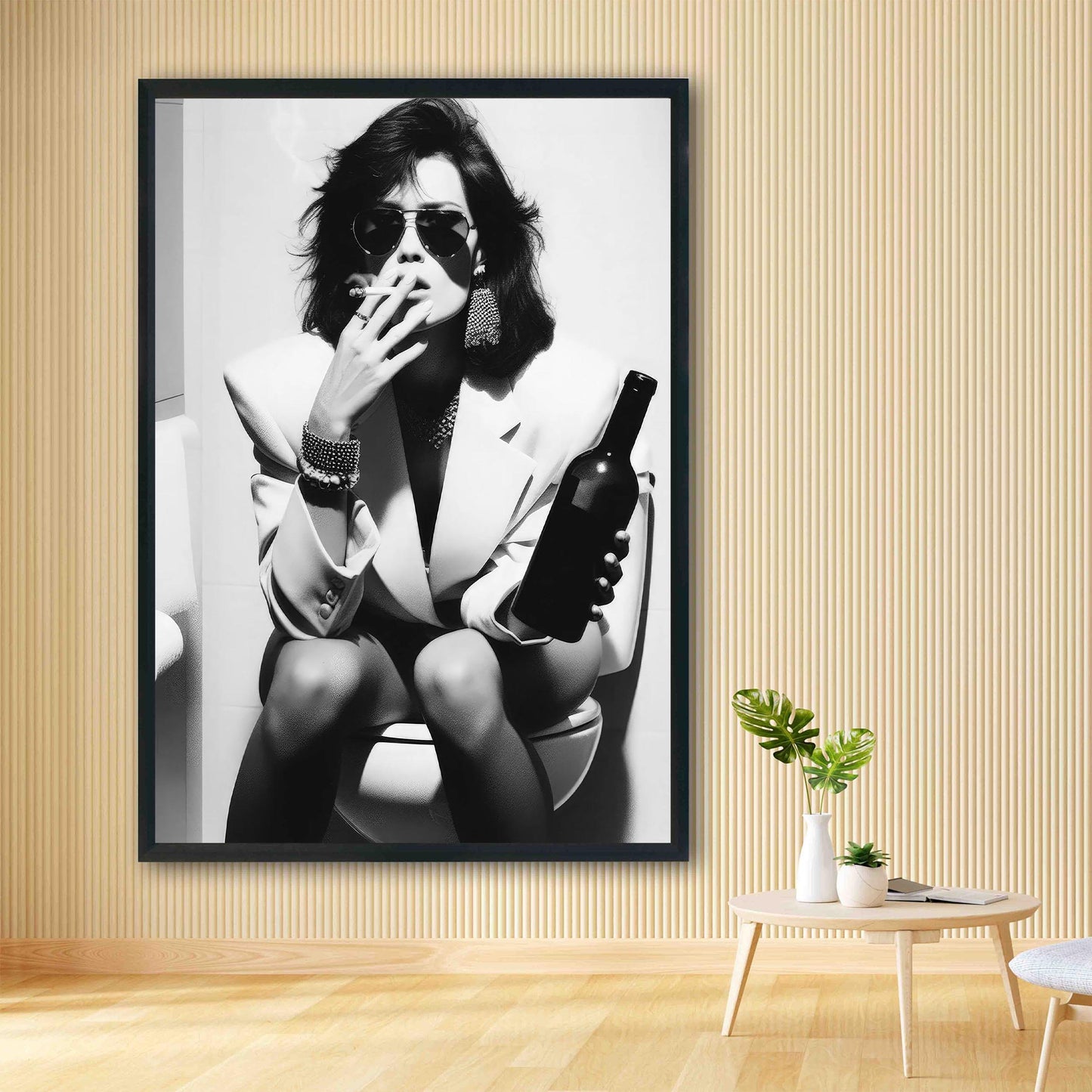 Funny Bathroom Print Vintage Woman Smoking, Drinking Beer, Retro Fashion Toilet Poster - Black and White Wall Art