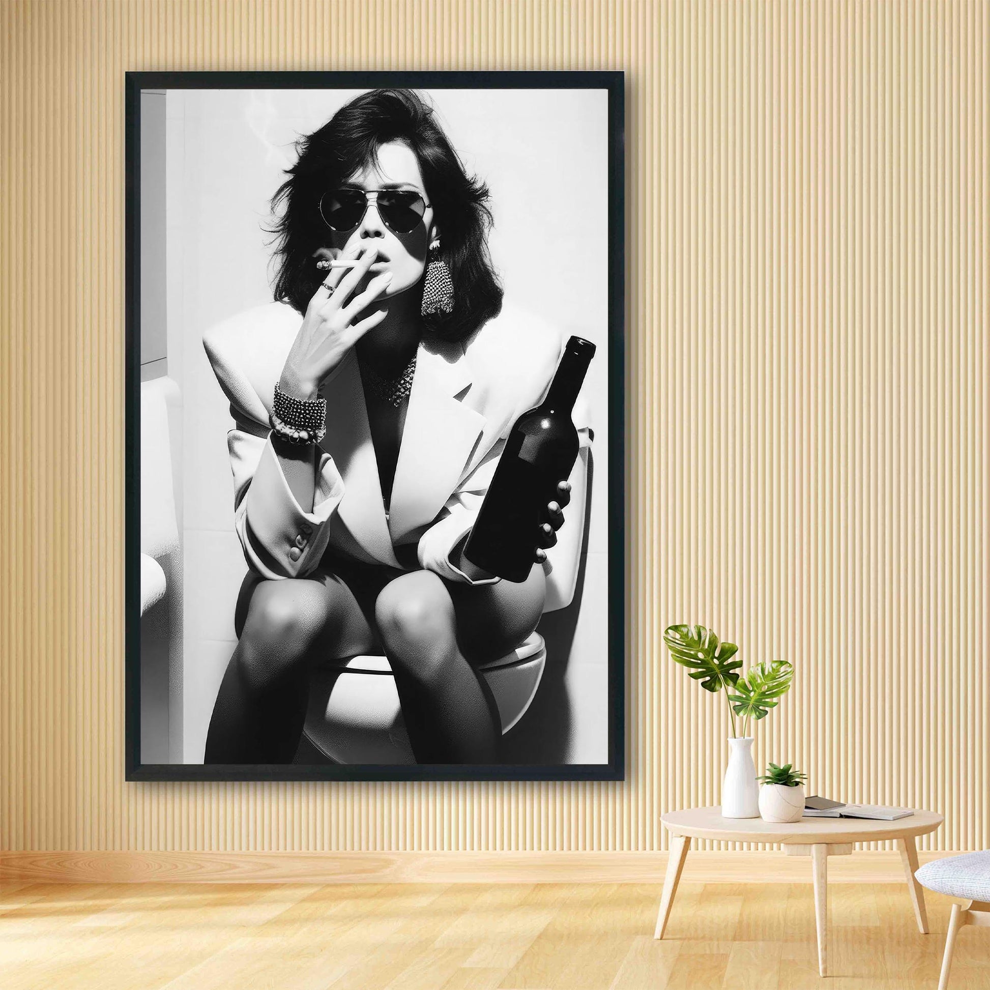 Funny Bathroom Print Vintage Woman Smoking, Drinking Beer, Retro Fashion Toilet Poster - Black and White Wall Art