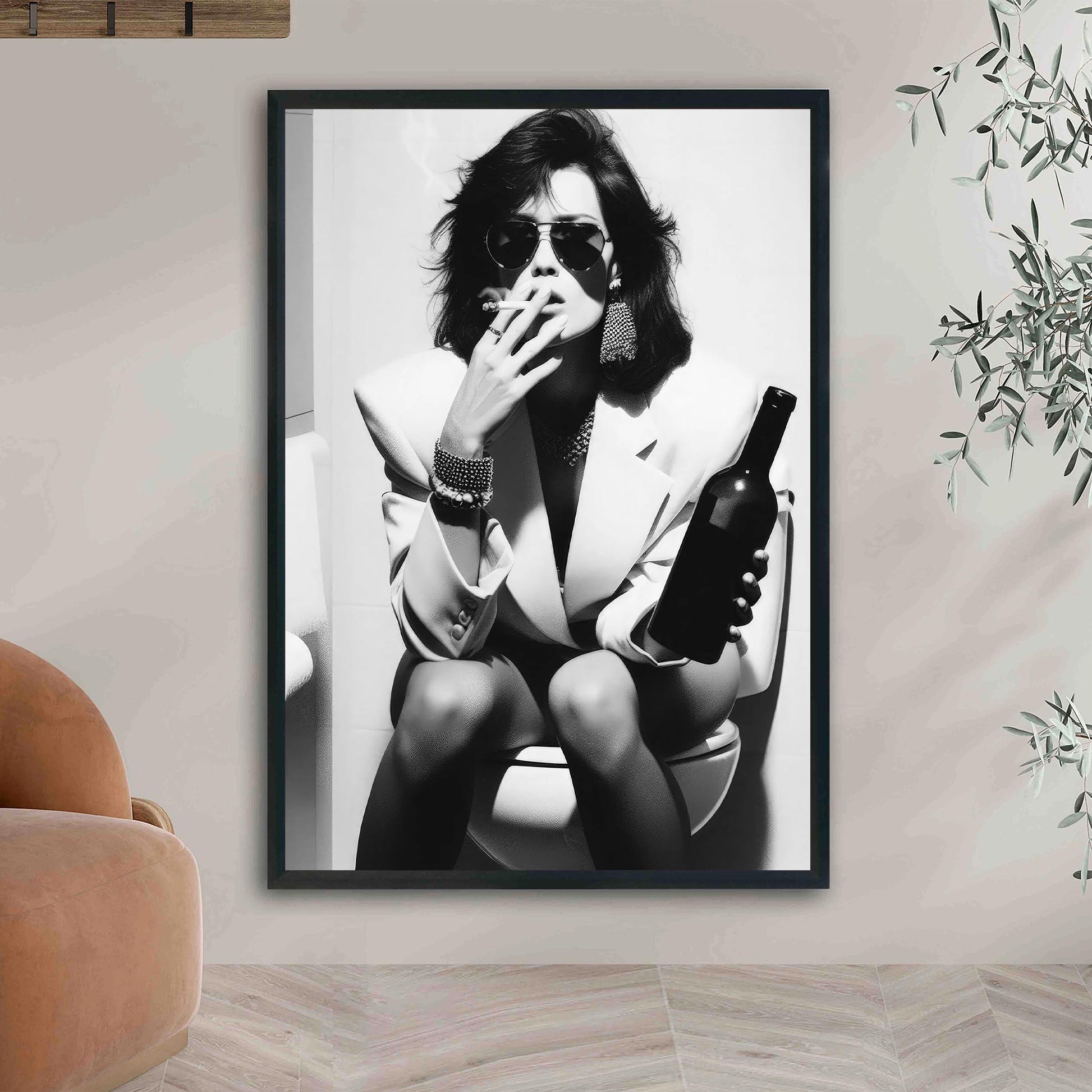 Funny Bathroom Print Vintage Woman Smoking, Drinking Beer, Retro Fashion Toilet Poster - Black and White Wall Art