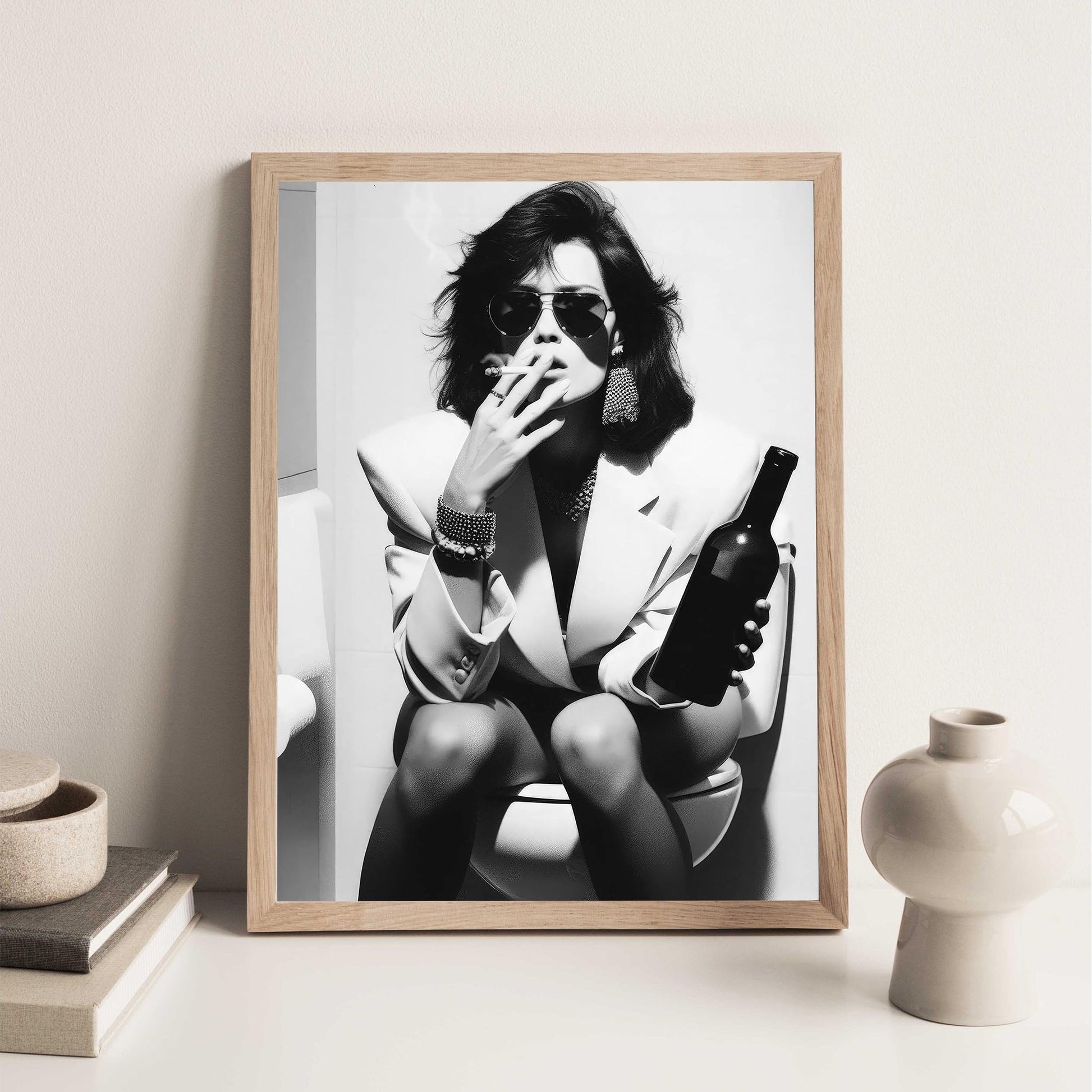Funny Bathroom Print Vintage Woman Smoking, Drinking Beer, Retro Fashion Toilet Poster - Black and White Wall Art