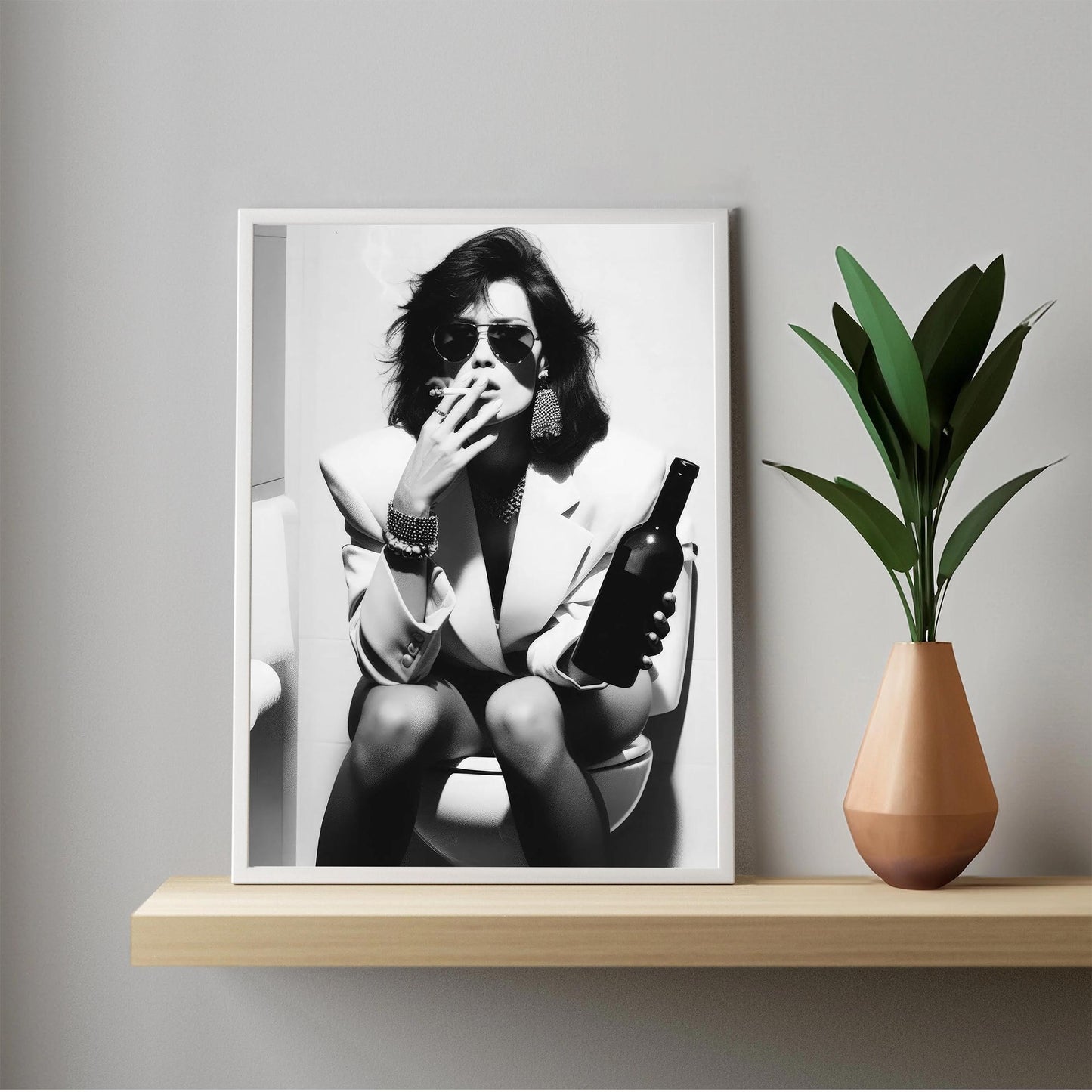 Funny Bathroom Print Vintage Woman Smoking, Drinking Beer, Retro Fashion Toilet Poster - Black and White Wall Art