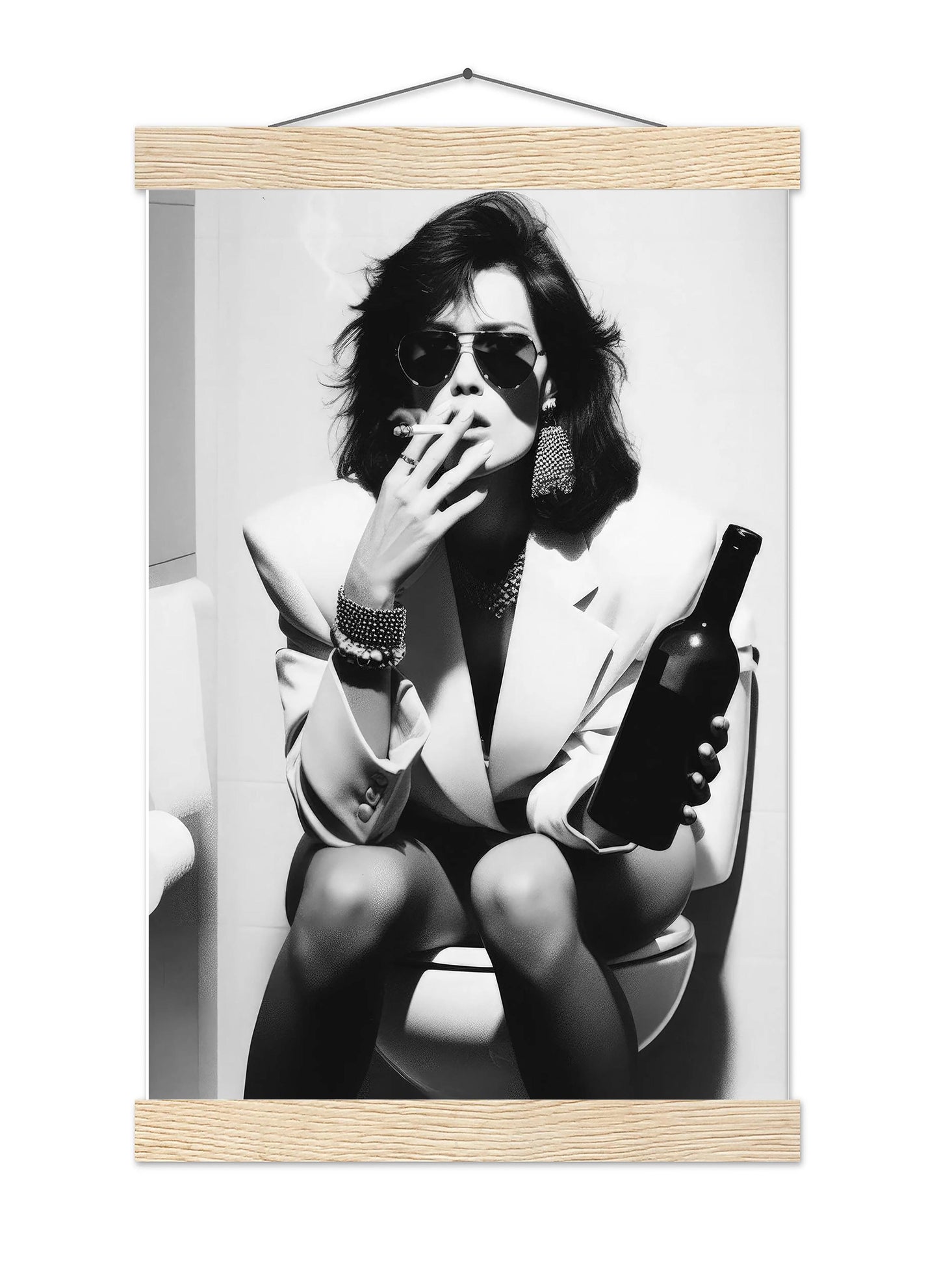 Funny Bathroom Print Vintage Woman Smoking, Drinking Beer, Retro Fashion Toilet Poster - Black and White Wall Art