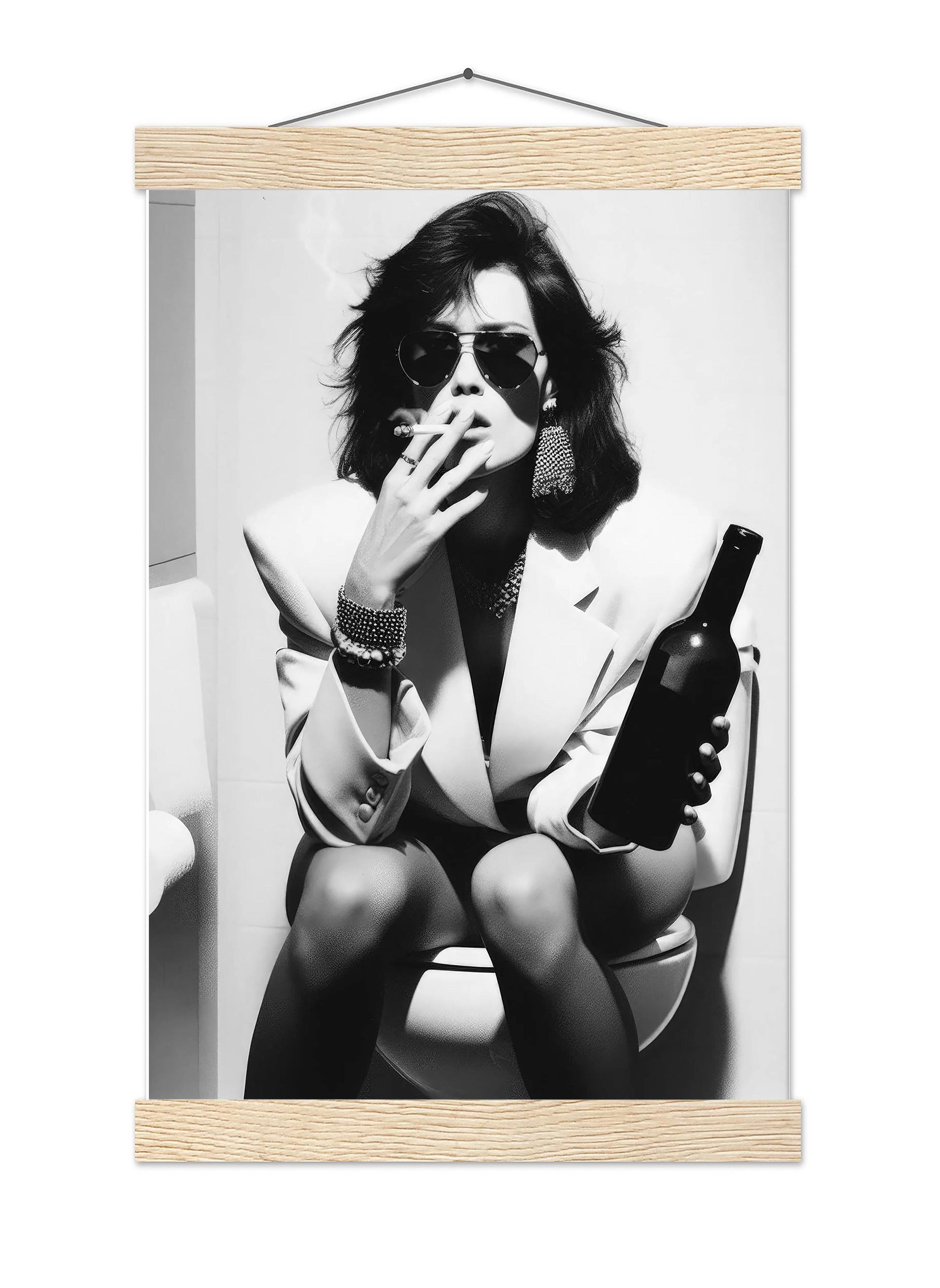Funny Bathroom Print Vintage Woman Smoking, Drinking Beer, Retro Fashion Toilet Poster - Black and White Wall Art