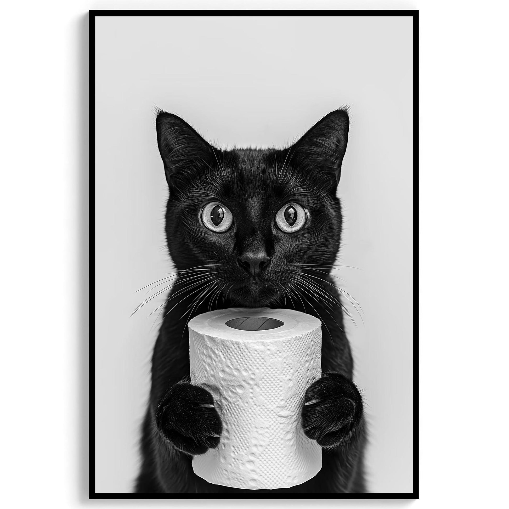 Funny Black Cat Bathroom Print Cat Holding Toilet Roll Wall Art - Black and White Wall Decor