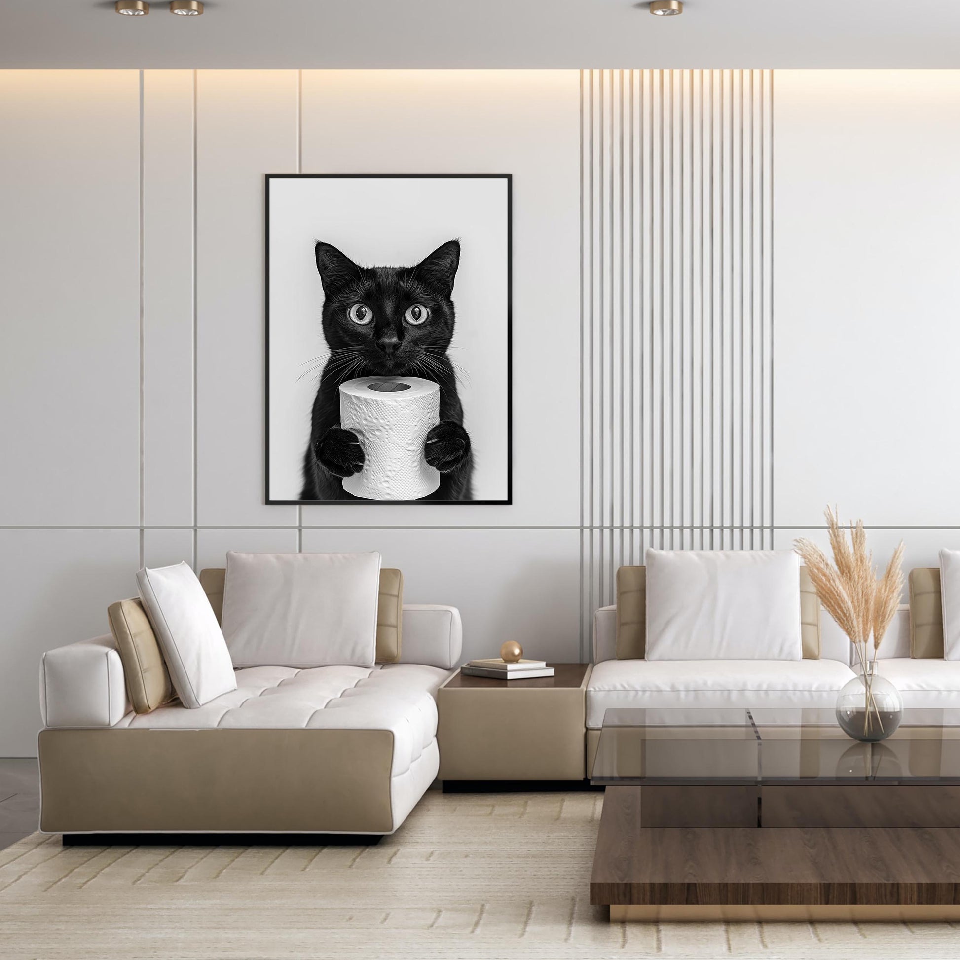 Funny Black Cat Bathroom Print Cat Holding Toilet Roll Wall Art - Black and White Wall Decor