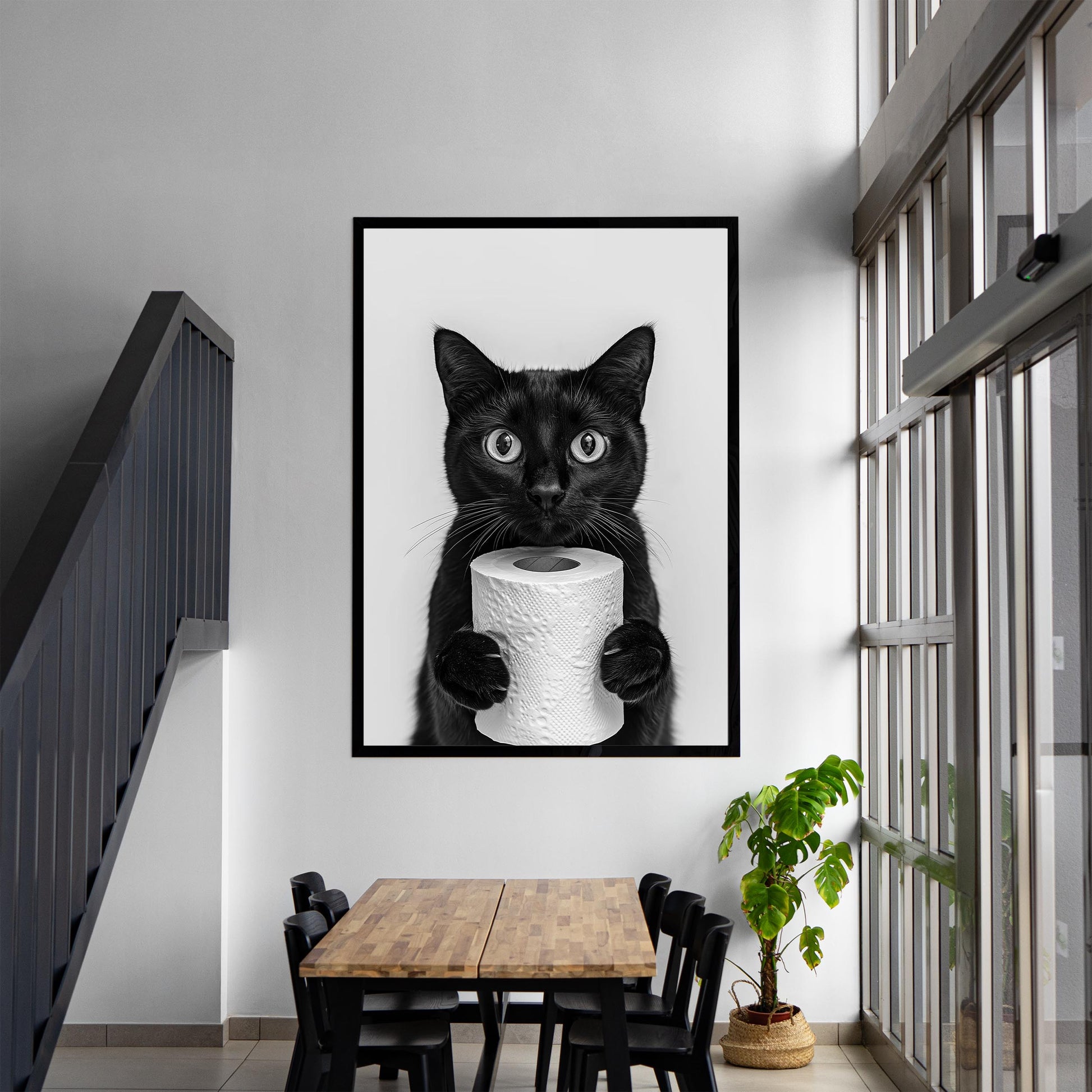 Funny Black Cat Bathroom Print Cat Holding Toilet Roll Wall Art - Black and White Wall Decor