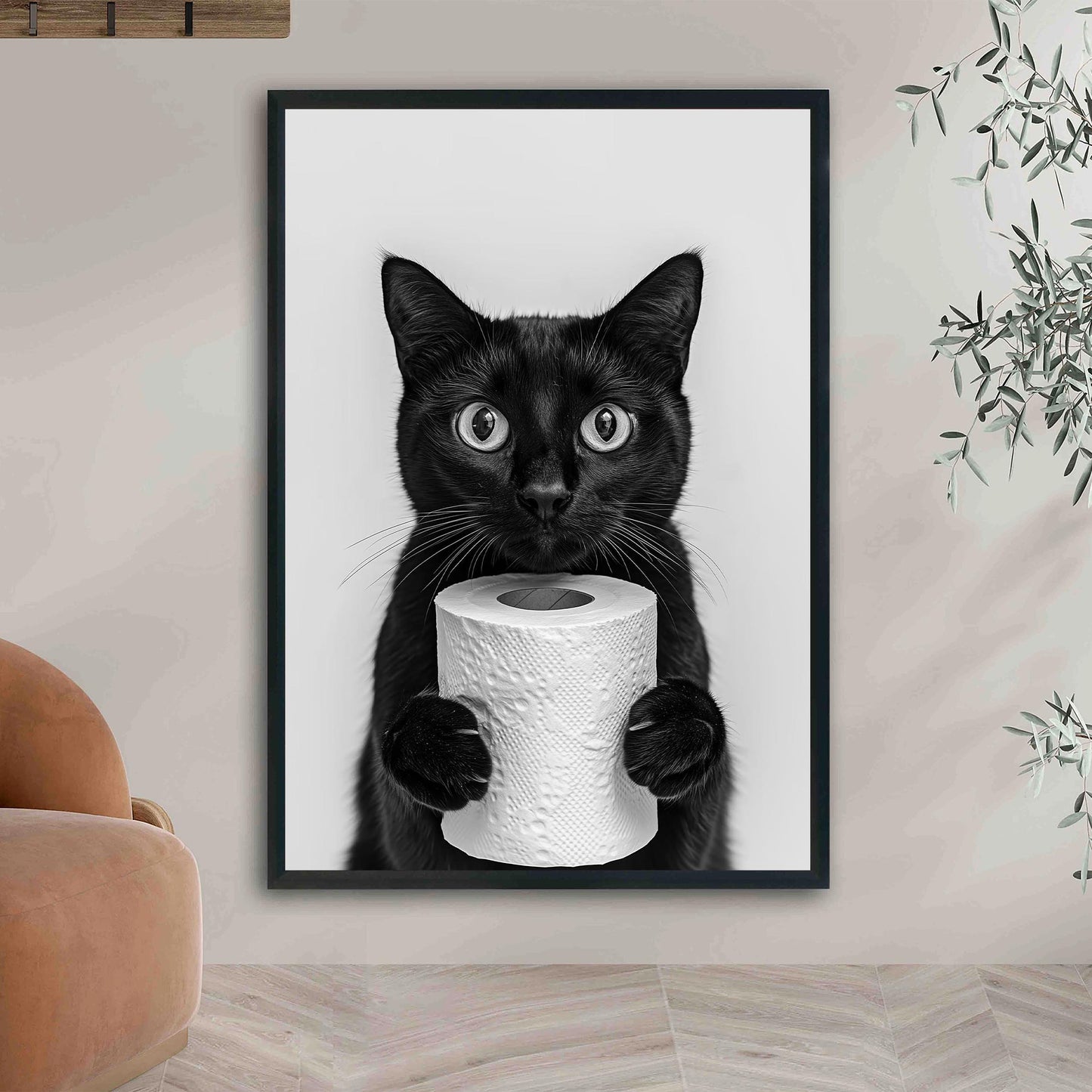 Funny Black Cat Bathroom Print Cat Holding Toilet Roll Wall Art - Black and White Wall Decor