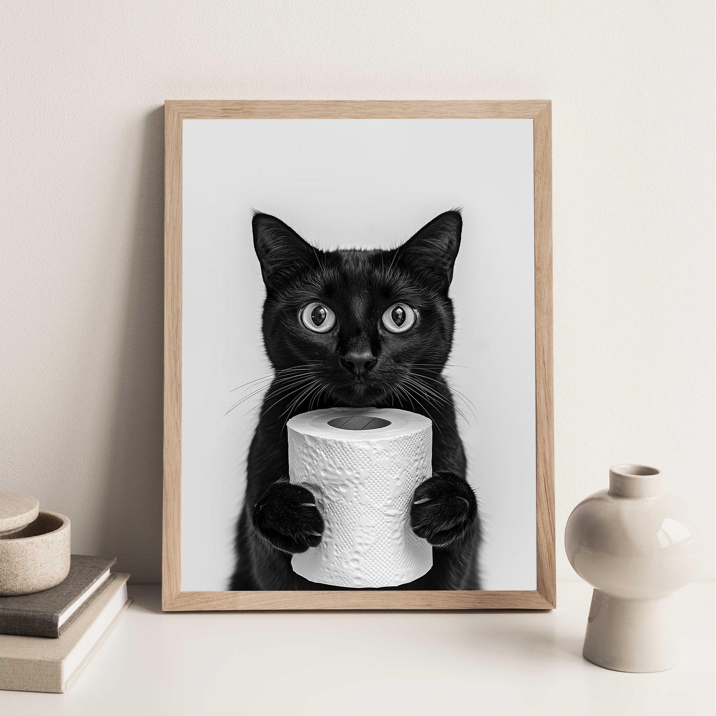 Funny Black Cat Bathroom Print Cat Holding Toilet Roll Wall Art - Black and White Wall Decor