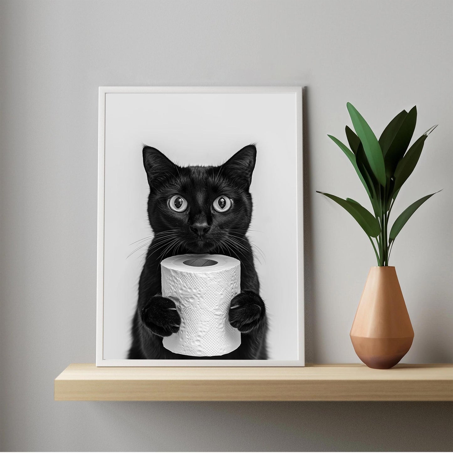 Funny Black Cat Bathroom Print Cat Holding Toilet Roll Wall Art - Black and White Wall Decor