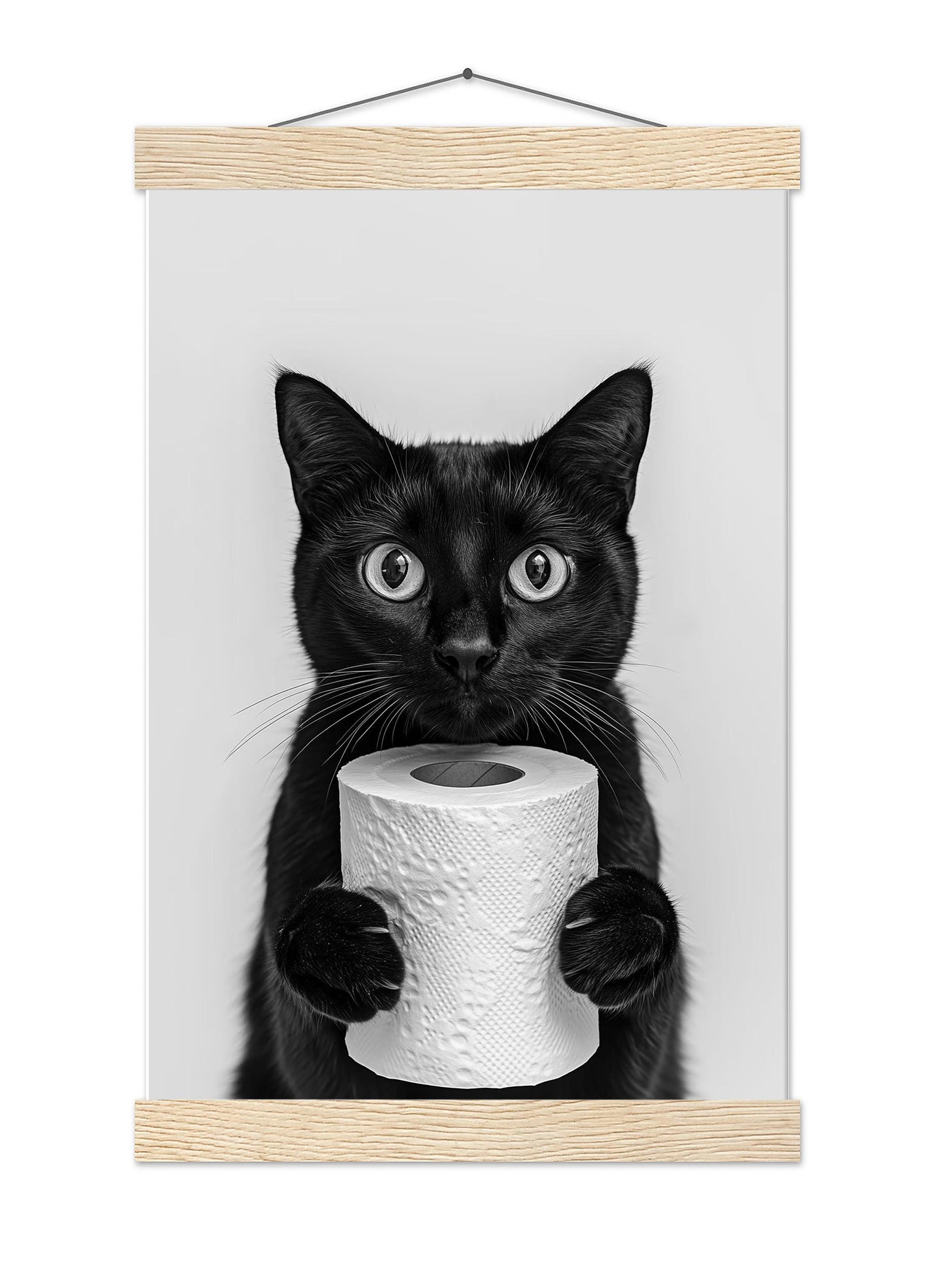 Funny Black Cat Bathroom Print Cat Holding Toilet Roll Wall Art - Black and White Wall Decor