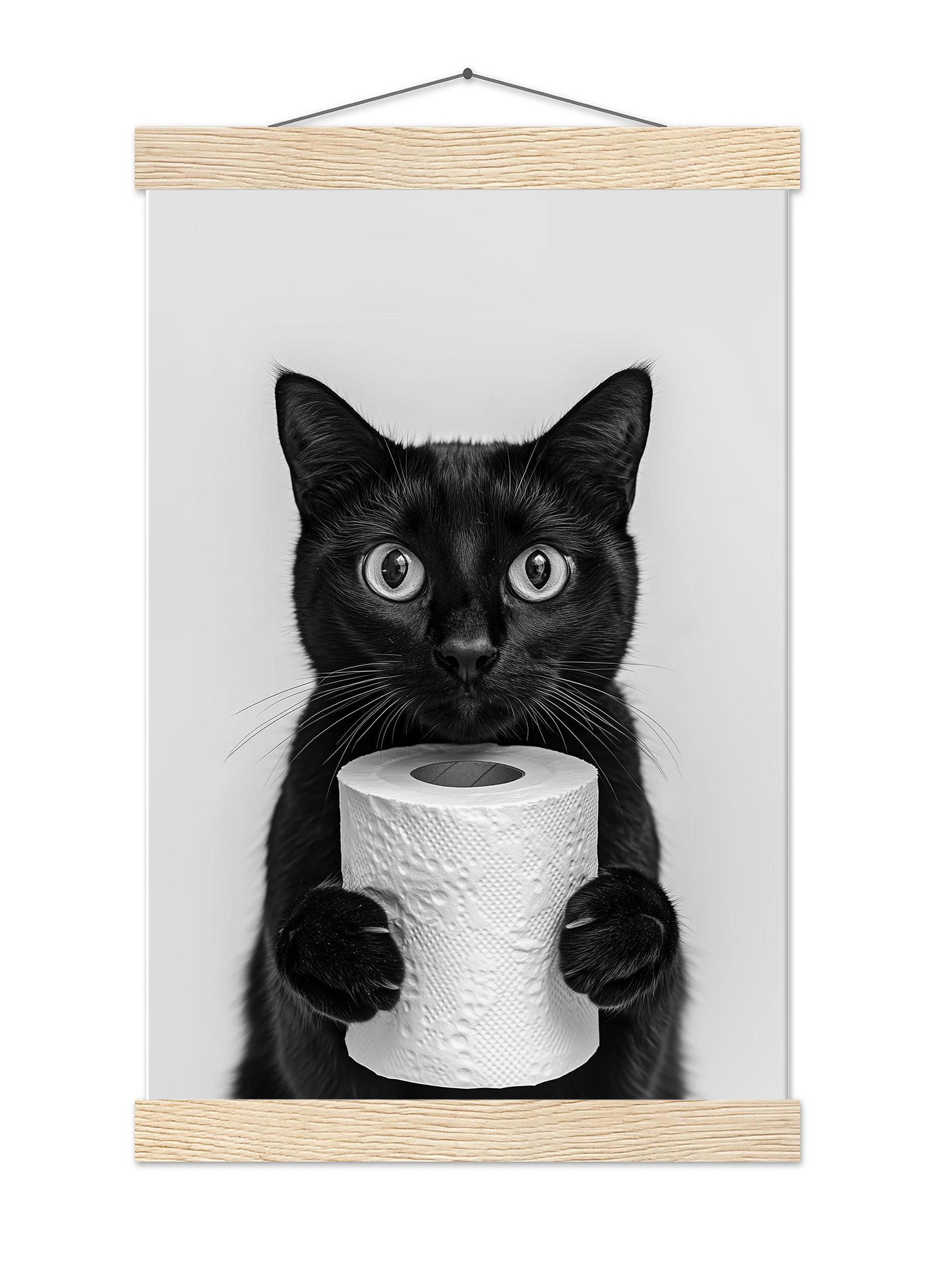Funny Black Cat Bathroom Print Cat Holding Toilet Roll Wall Art - Black and White Wall Decor