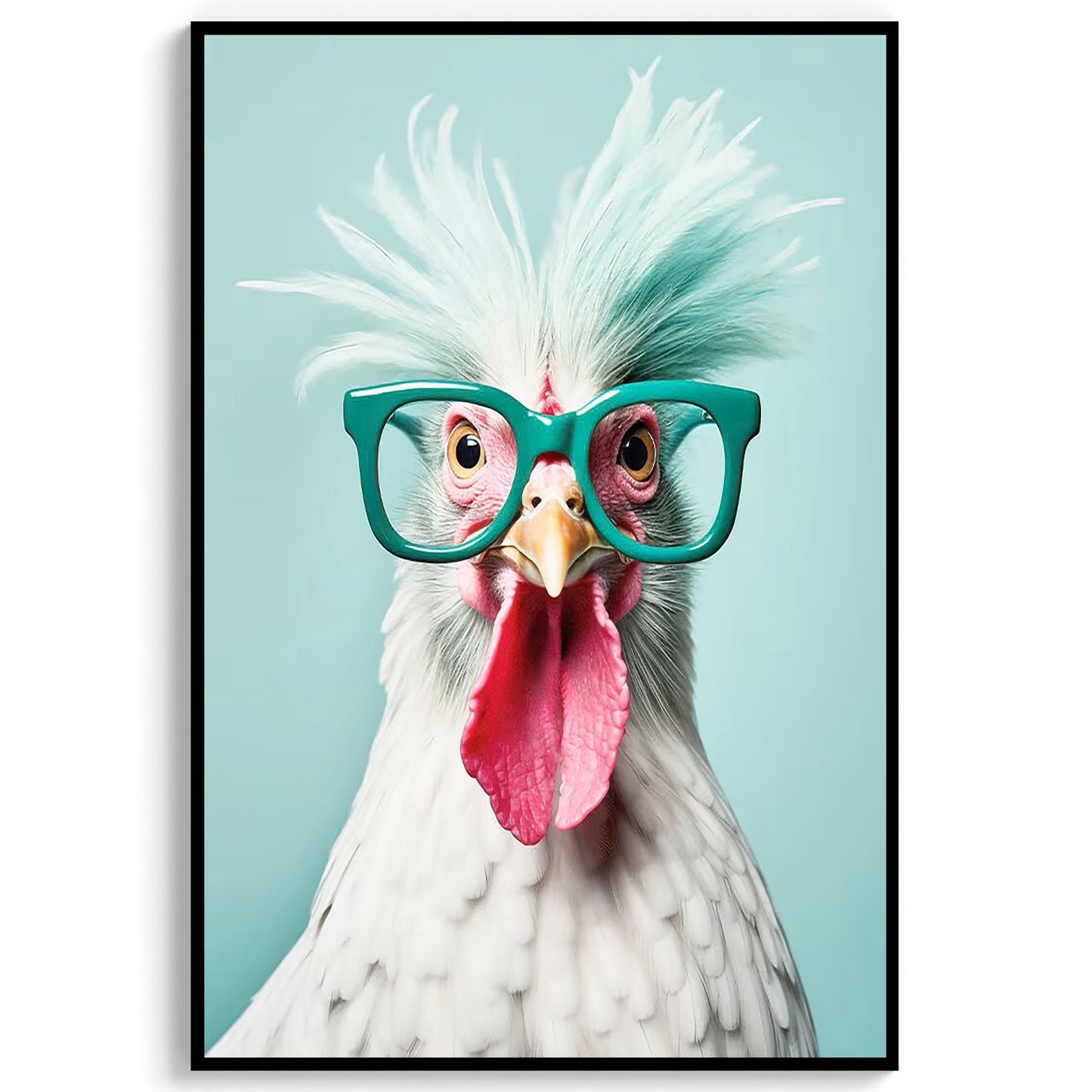 Funny Chicken Art Print, Teal Glasses, Quirky Home Decor