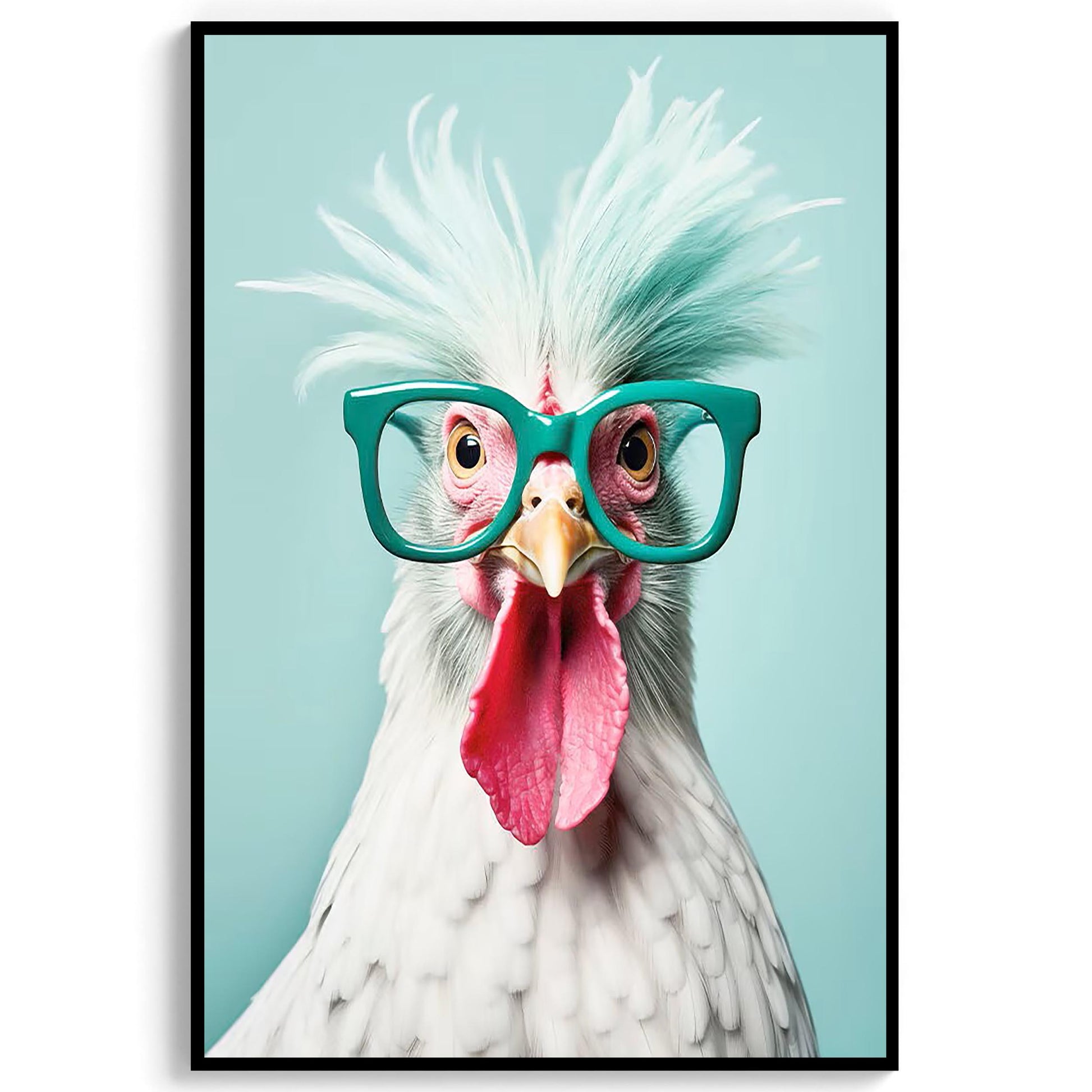 Funny Chicken Art Print, Teal Glasses, Quirky Home Decor