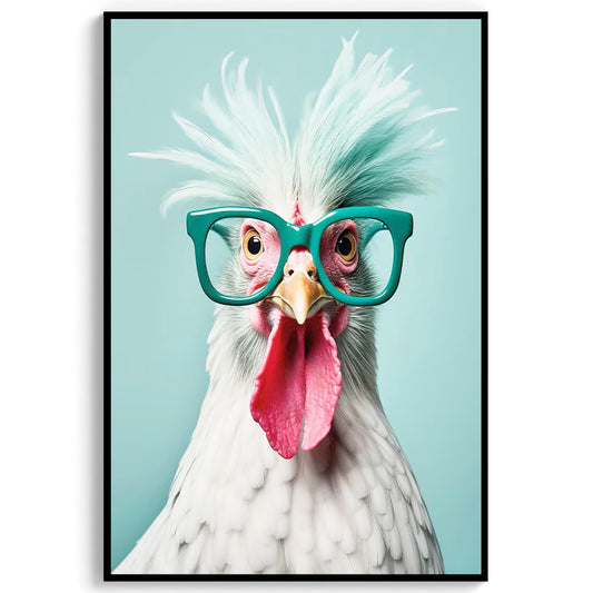 Funny Chicken Art Print, Teal Glasses, Quirky Home Decor