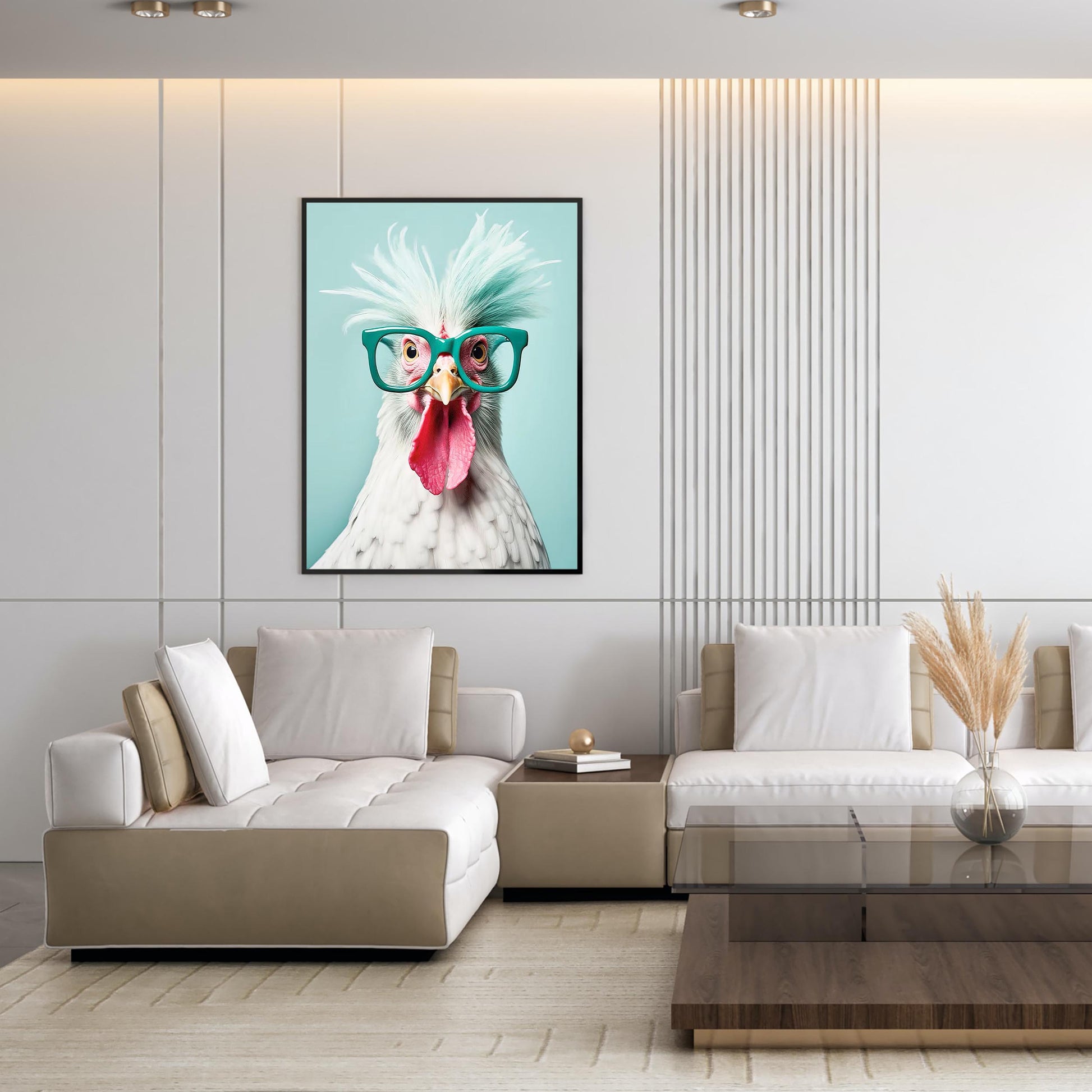 Funny Chicken Art Print, Teal Glasses, Quirky Home Decor