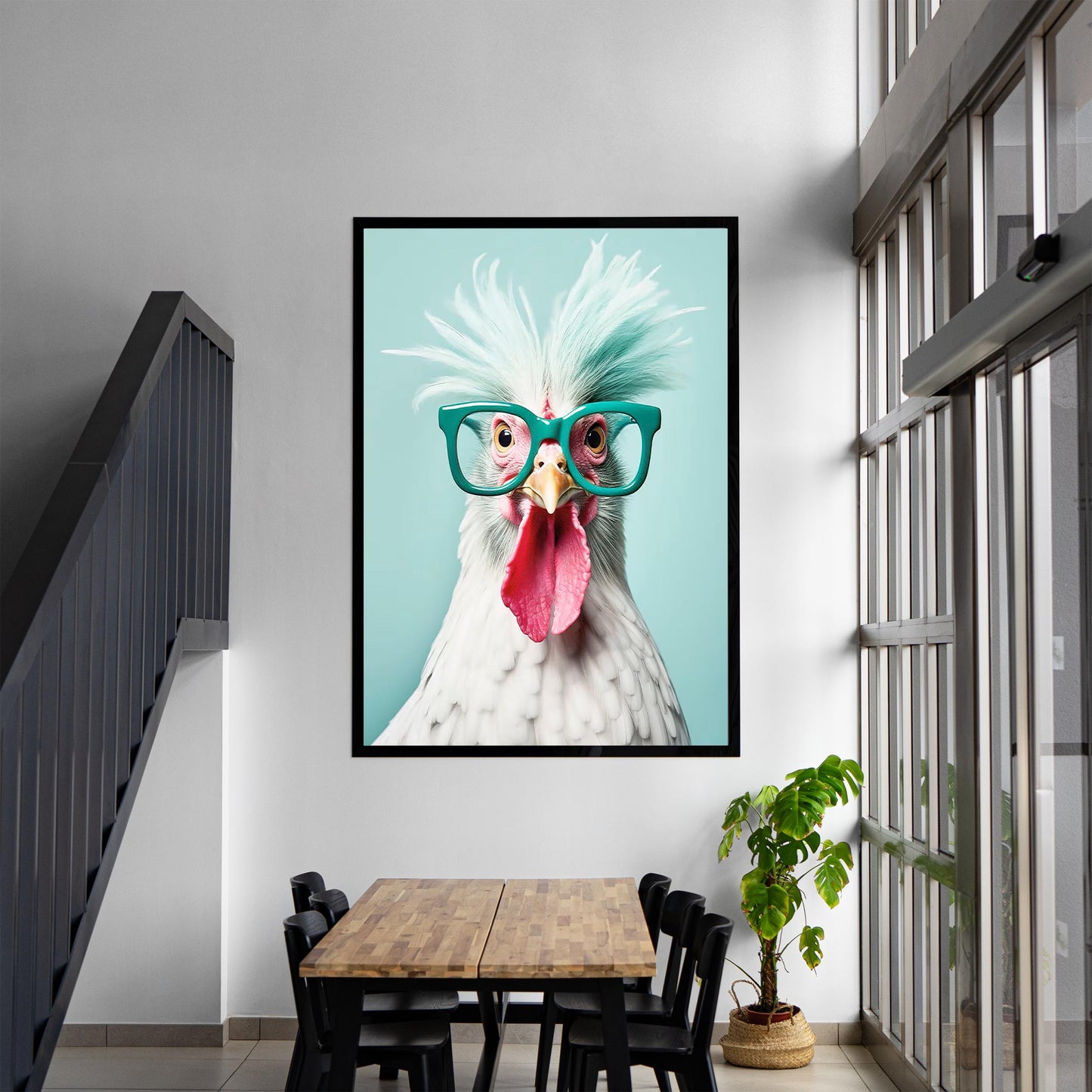 Funny Chicken Art Print, Teal Glasses, Quirky Home Decor