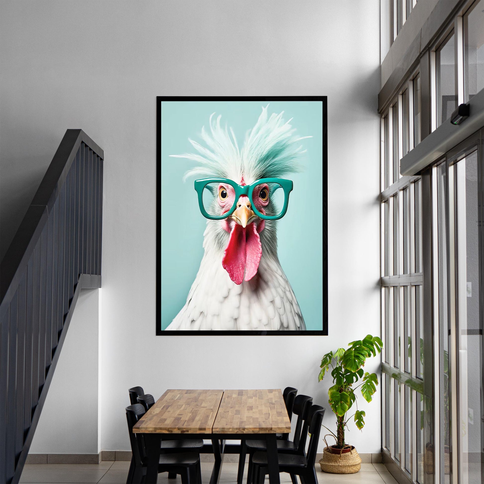 Funny Chicken Art Print, Teal Glasses, Quirky Home Decor